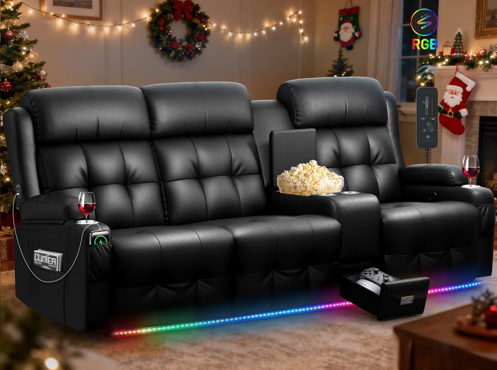 RV Loveseat Recliner Sofa, Home Theater Seating with Console &amp; Massage