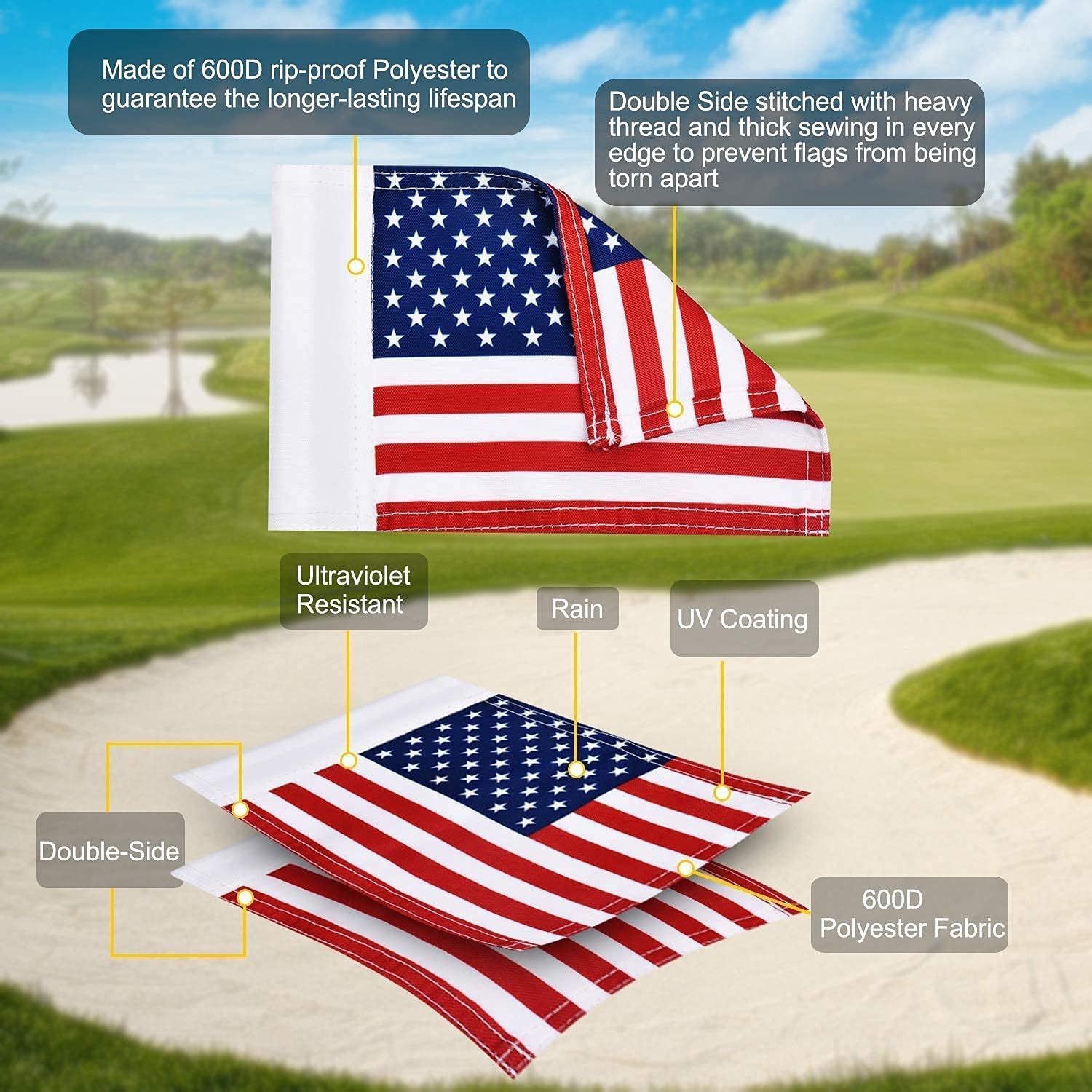 KINGTOP Golf Flagsticks Mini, Putting Green Polyester Double-Sewn US Golf Flag for Yard, All 3 Feet, Golf Pin Flags Set, Fiberglass Portable 2-Section Design