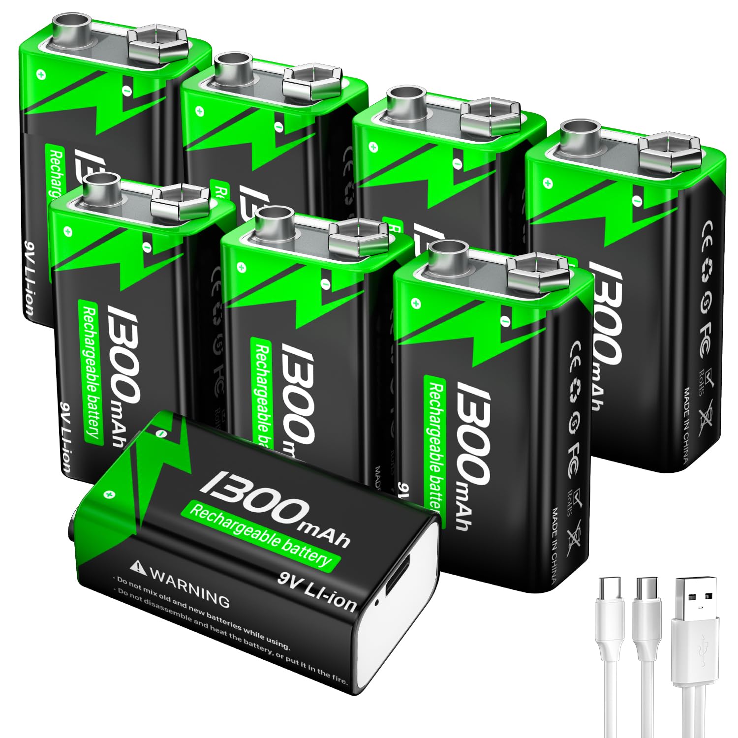 Batería recargable de 9 V, 1300 mAh de iones de litio con cable de carga rápida USB-C, ideal para detectores de humo, alarmas, micrófono, multímetro, etc. (8 unidades)
