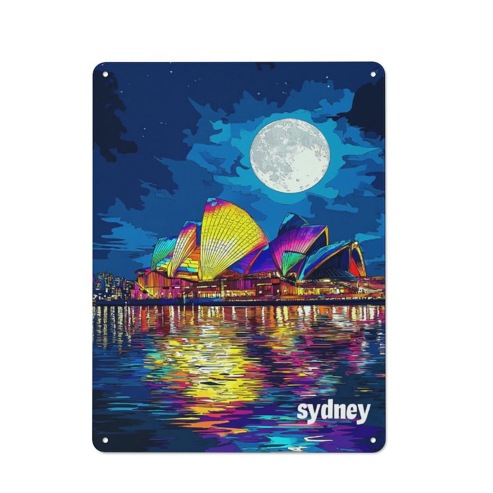 Nostalgic Decorative Tin Sign 40x30cm Featuring Colorful Sydney Opera House Night, Old Style Wall Plaque for Kitchen, Hallway, Bar Or Small Cafe