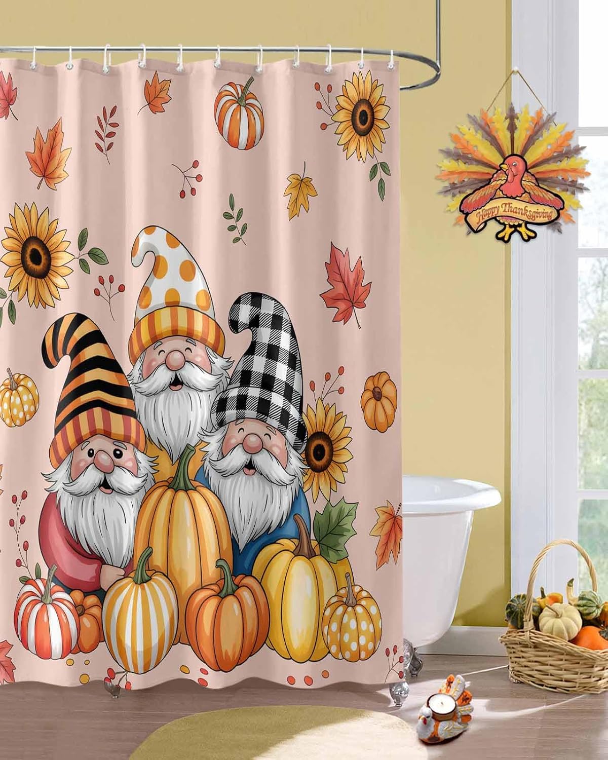 Fall Shower Curtain for Bathroom 72" x 96", Cartoon Cute Gnomes Sunflower Pumpkins Shower Curtain with Hooks Polyester Waterproof Home Bathtub Decor