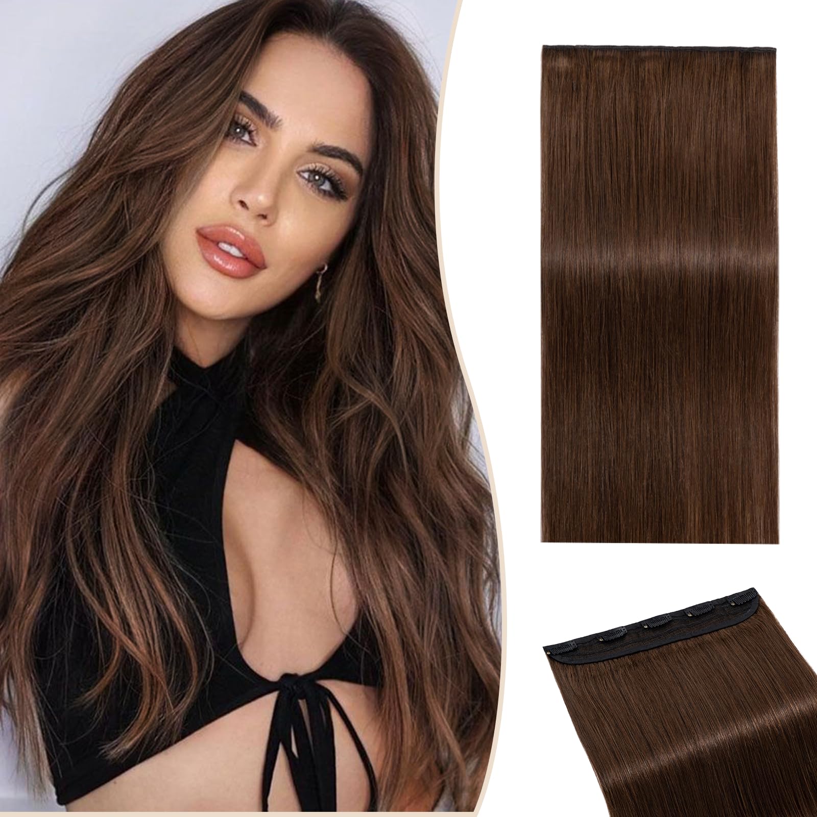 SEGO One Piece Clip in Extensions, 5 Clips Real Human Hair Extensions, Long Straight, 8 inches, #04 Chocalate Brown