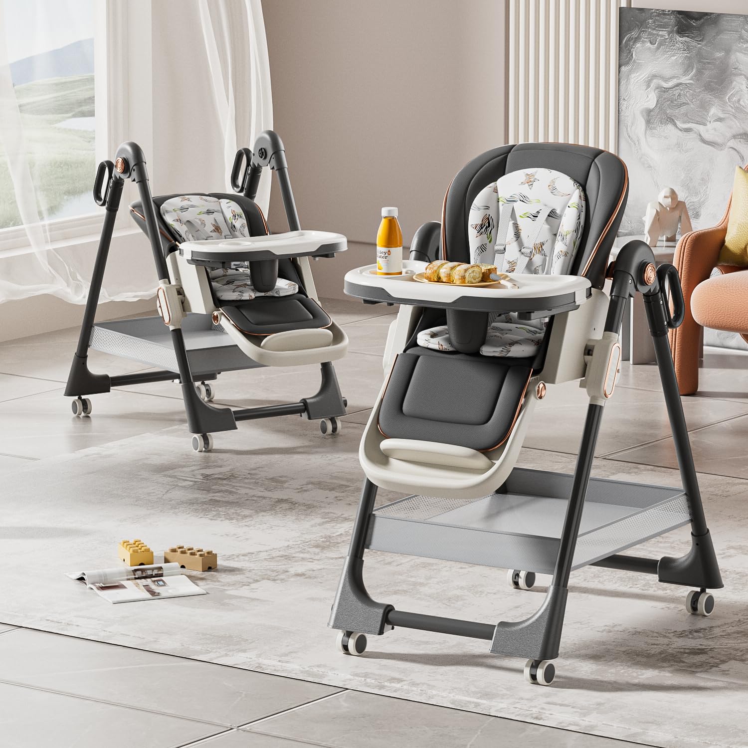 MoLi Krzesełko dziecięce ze skóry PU, krzesełko dla niemowląt dla niemowląt dwuwarstwowa taca, regulowane siedzisko siedzisko (X8122 Deep Grey)