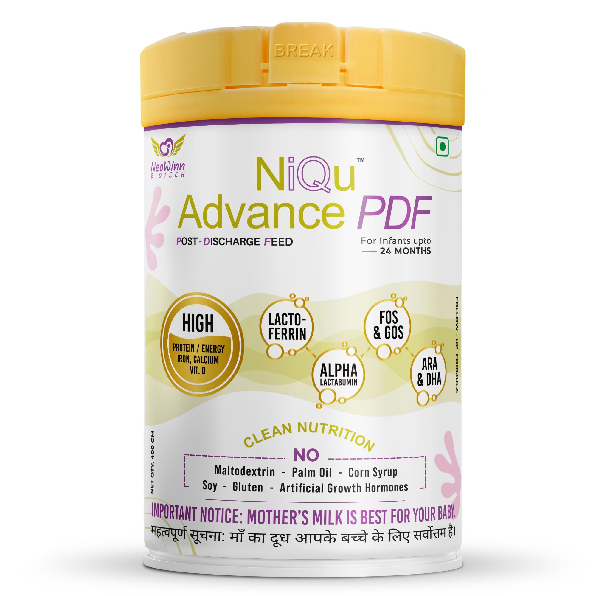 NiQu Advance PDF Post Discharge Formula 400g, for Infants upto 24 months | Specialised Nutrition for Preterm Babies on Discharge from Hospital - Post-Discharge Feed | Lactoferrin DHA ARA Oligosaccharides FOS GOS Alpha Lactalbumin 70:30 Whey Casein Clean Nutrition for Preterm Babies Post NICU Transition Support Pack-image-31