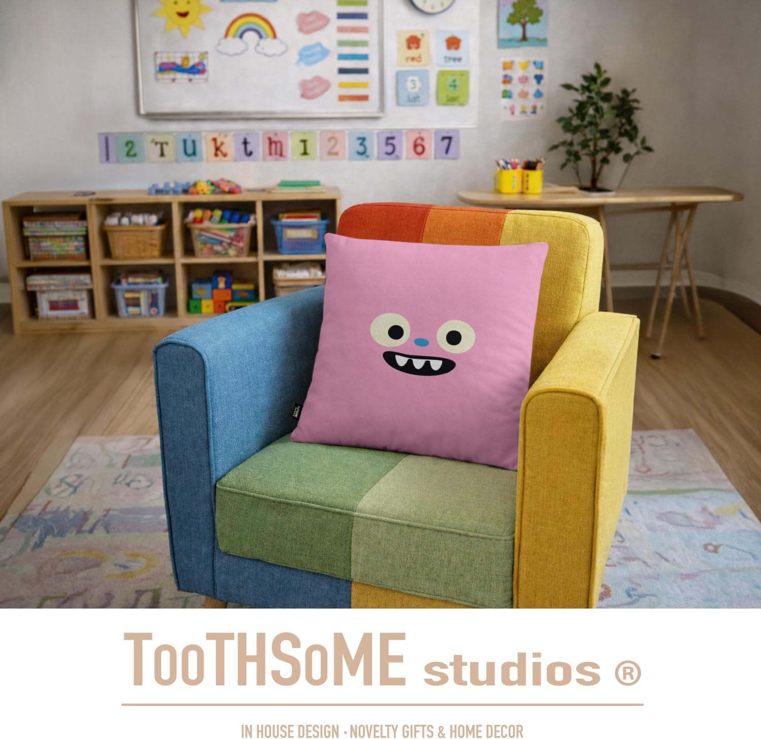 Toothsome Studios Cute Pink Monster Face Kids Pillow Cover, 15.75" x 15.75", Polyester Throw Pillow Cover, Fun Decorative Cushion for Children’s Bedroom, Playroom or Nursery Decor (Pink) image 3