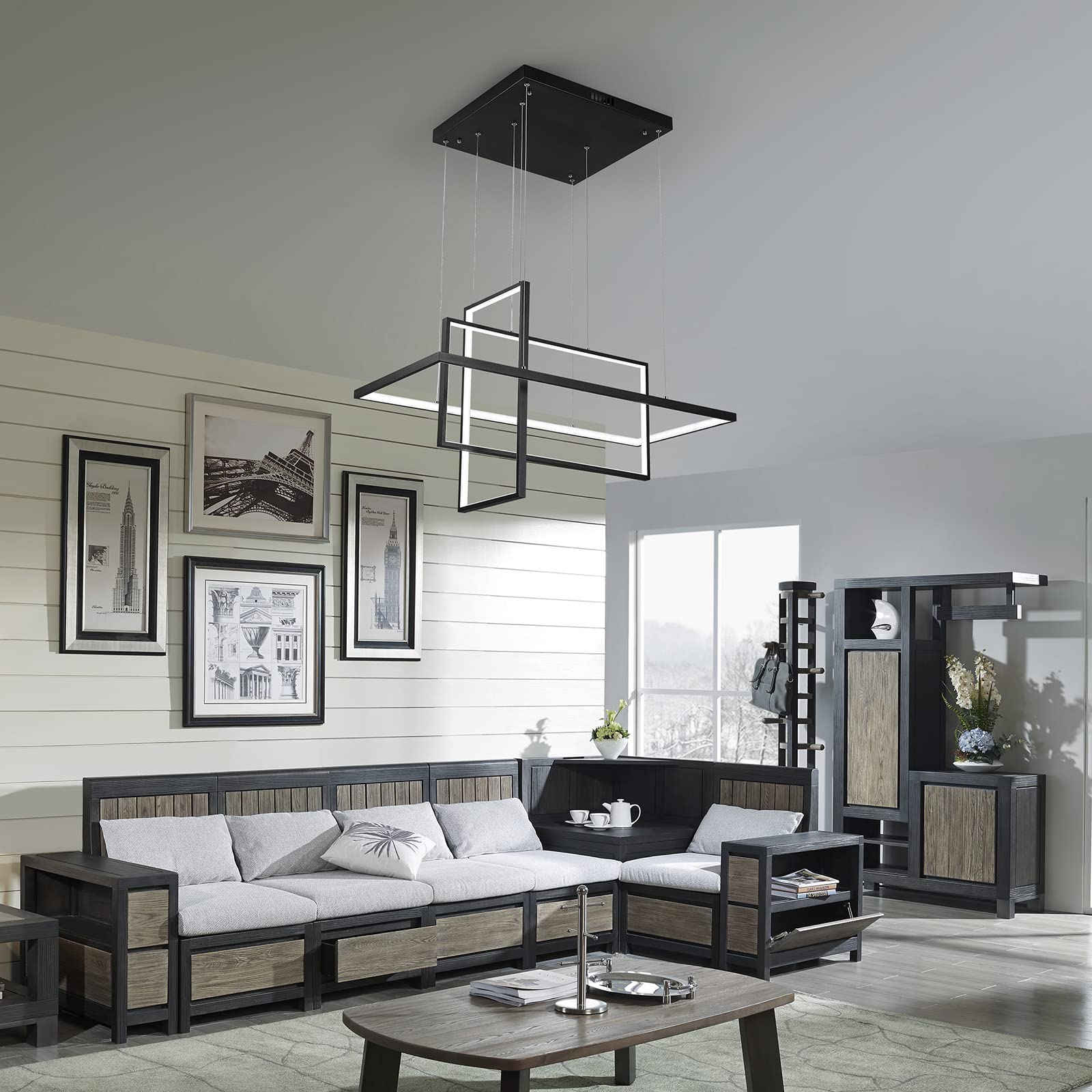 Leniure Black Modern Square Cube LED Light Pendant Lamp Chandelier Lighting Fixture 34" Wide 16" Deep 20" High, Daylight Cool White 6000K