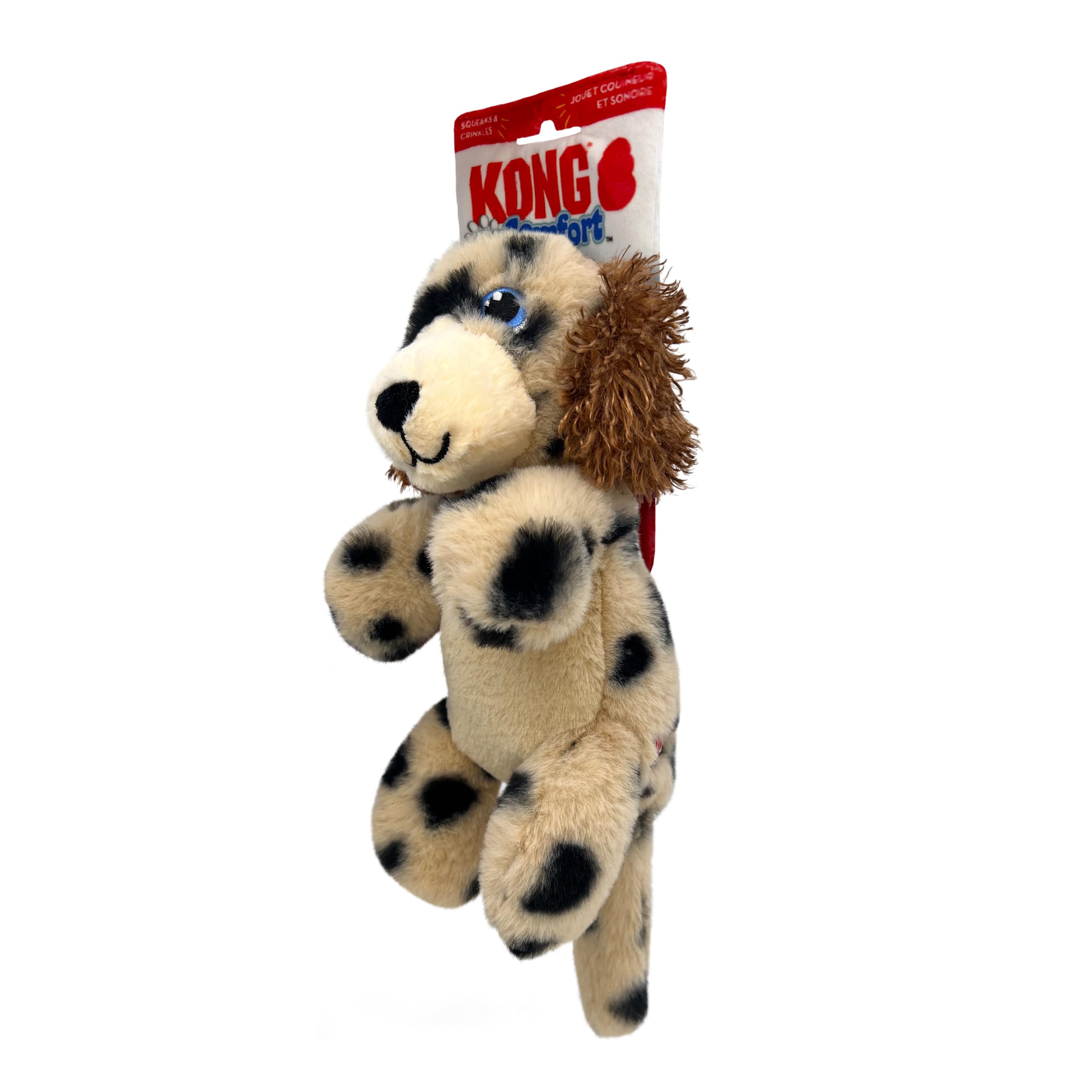 KONG Comfort Pups Low Stuffing Plush Fur and Crinkly Noise with Squeaker (Medium, Spot) - Image 2