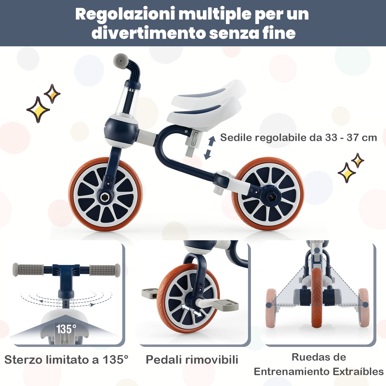 COSTWAY 4 in 1 Triciclo per Bambini con Maniglia di Spinta, Triciclo per Bambini Bicicletta Equilibrio con Maniglia, Sedile Regolabili e Pedali Rimovibili, per 2-4 anni (Blu Navy)