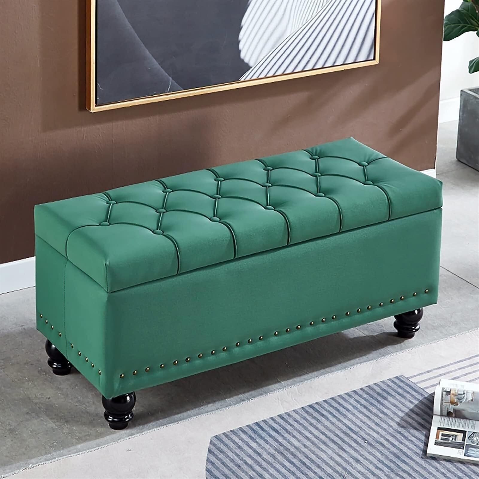 Banc de bout de lit vert avec coffre de rangement et siège rembourré confortable