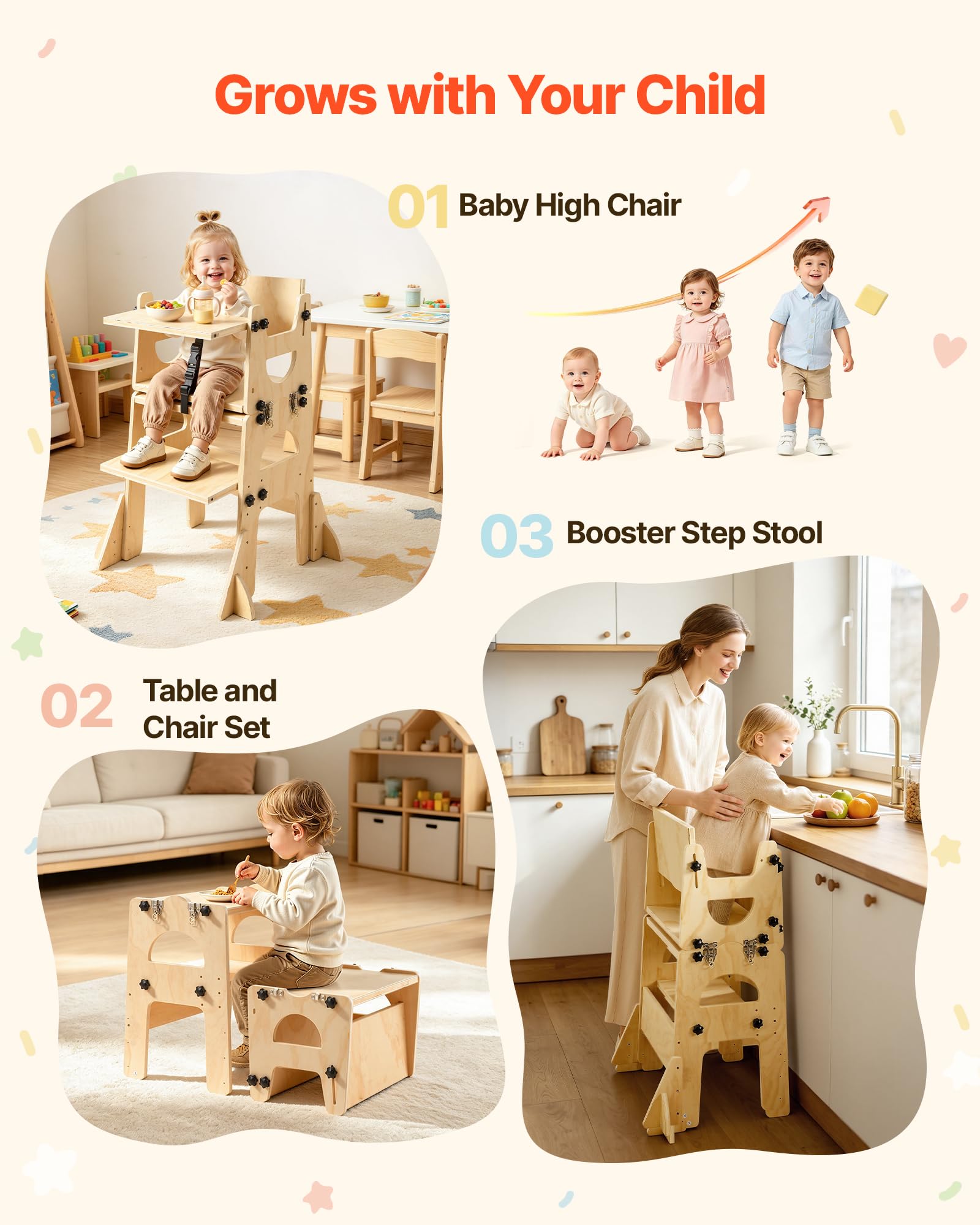 VEVOR Torre de Aprendizaje Montessori Plegable para Niños Multifuncional | Torre Ayudante de Cocina Infantil, Juego de Mesa y Silla Convertible para Bebés de Madera, para Destete Comer Jugar Dibujar