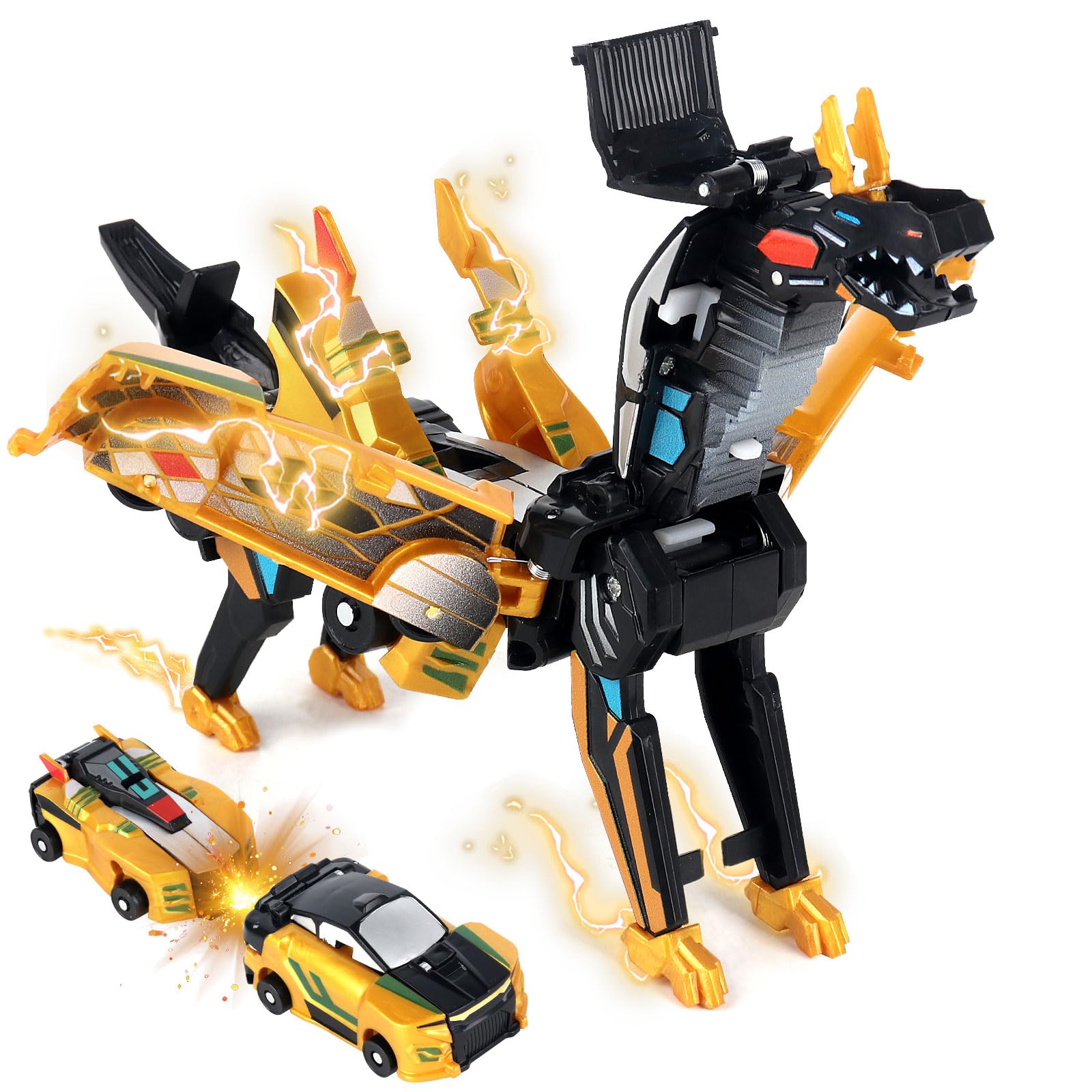 CLIUNT Robocrash Magnetic Transforming Car, Dragon Transforming Toys, 2 In 1 Automatic Deformation of Magnetic Connections, Car Robot Toys for Kids 2 3 4 5 6 7 8 Years Old (Gold)