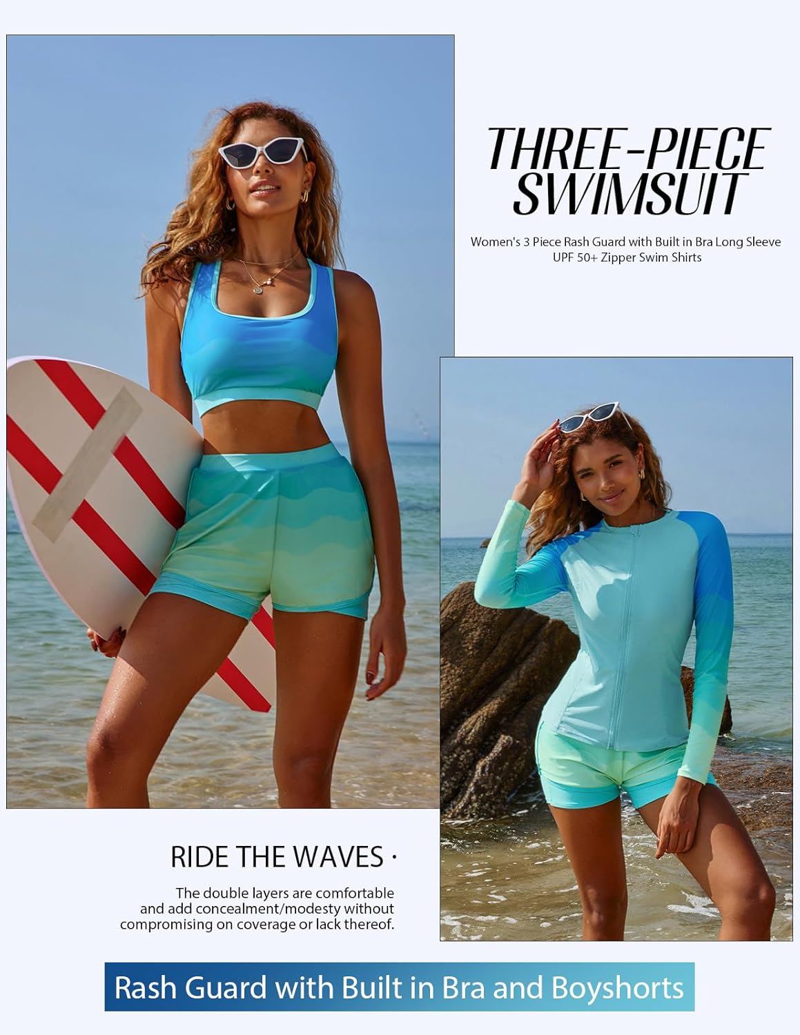 JASAMBAC 3 Piece Rash Guard for Women, Long Sleeve Swimsuits Bathing Suit 2026, UPF 50+ Swim Shirt with Built in Bra & Shorts - Image 4