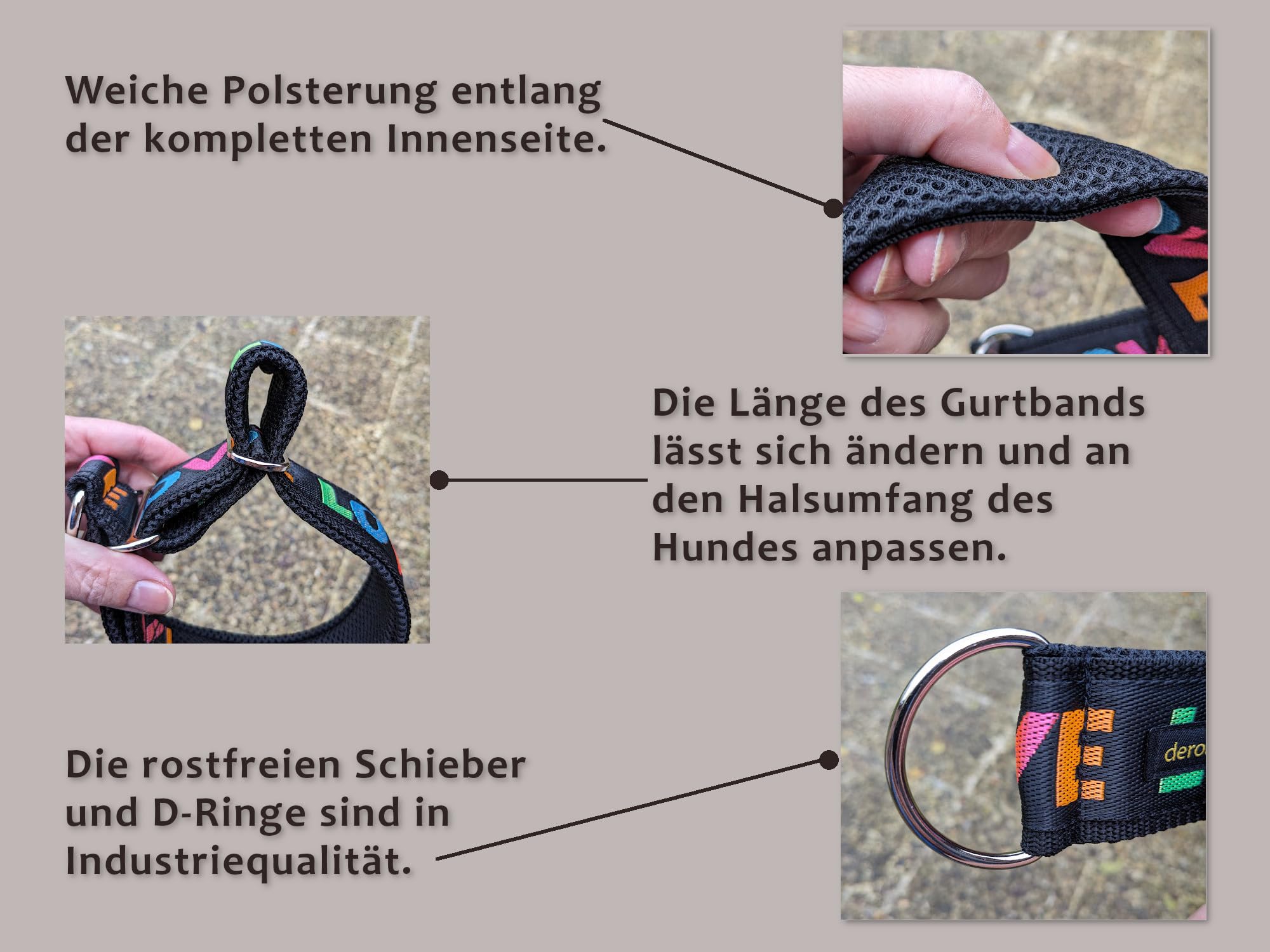 Zugstopp Hundehalsband extra breit 4cm weich gepolstert verstellbar Boho Ethno Muster braun beige Gold bis 44cm Hals 50cm Kopfumfang Stahl