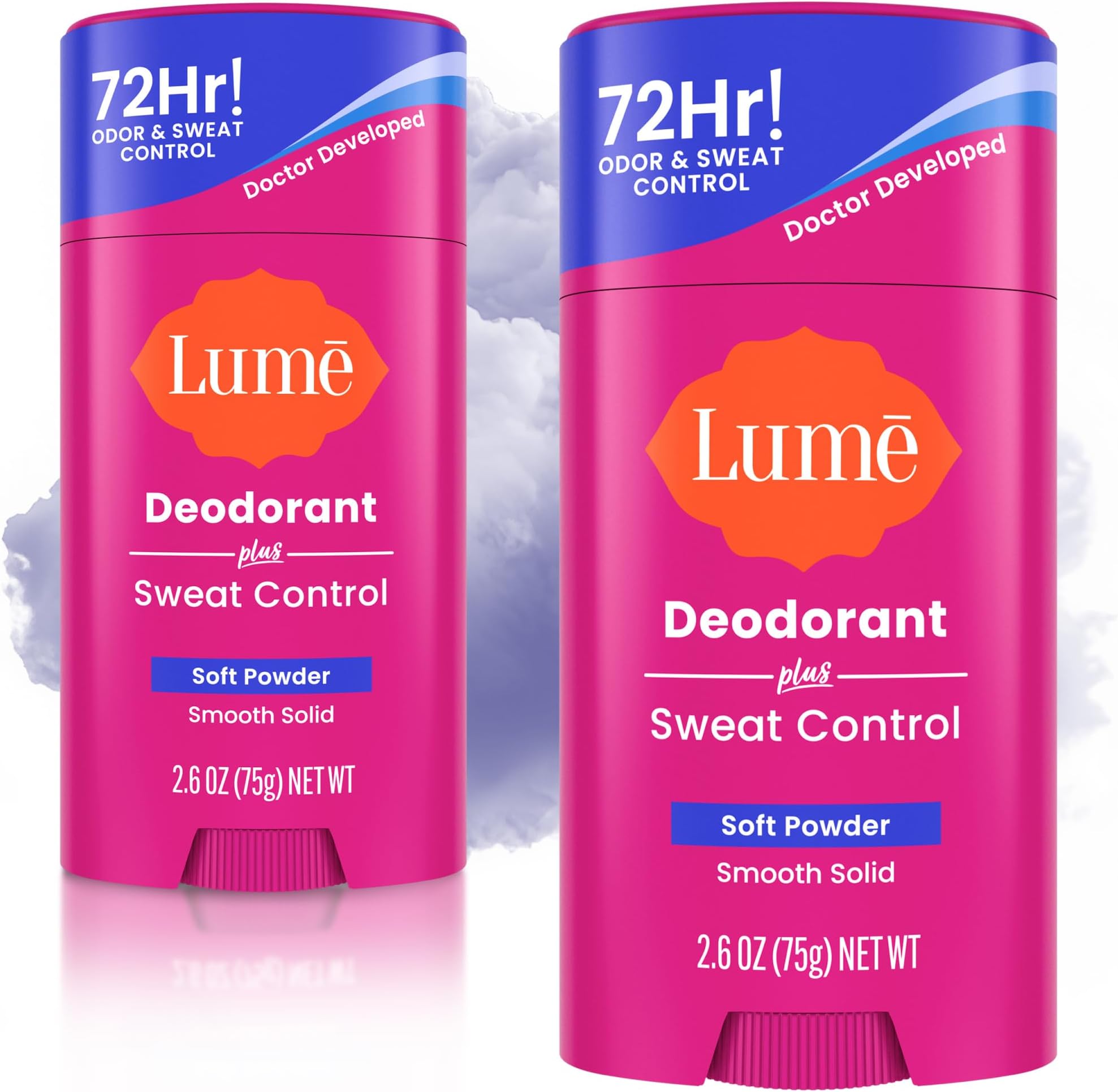 Deodorant Plus Sweat Control - Smooth Solid Stick - Extra Strength Antiperspirant - 72 Hour Odor And Sweat Control - Baking Soda Free, Skin Loving - 2.6 ounce (Soft Powder) Pack of 2