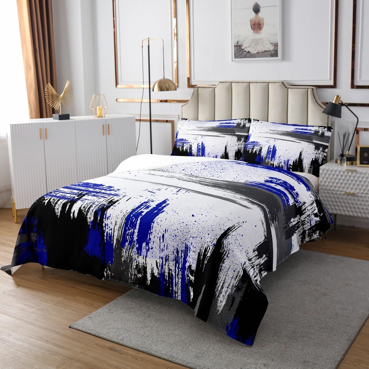 Erosebridal Ombre Watercolor Queen Bedspread Set Modern Ink Painting Coverlet Set,Graffiti Splatters Bedding Set Contemporary Aesthetic Quilt Bedding Set Black Blue Bed Cover,Lightweight 3pcs
