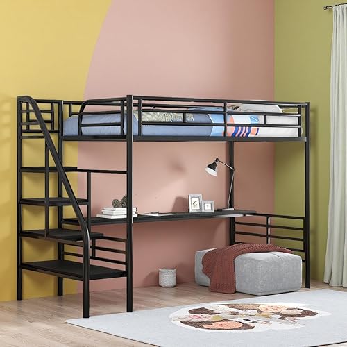 SOFTSEA Cama tipo loft de metal individual con estantes, marco de cama tipo loft de tamaño individual con escritorio para niños