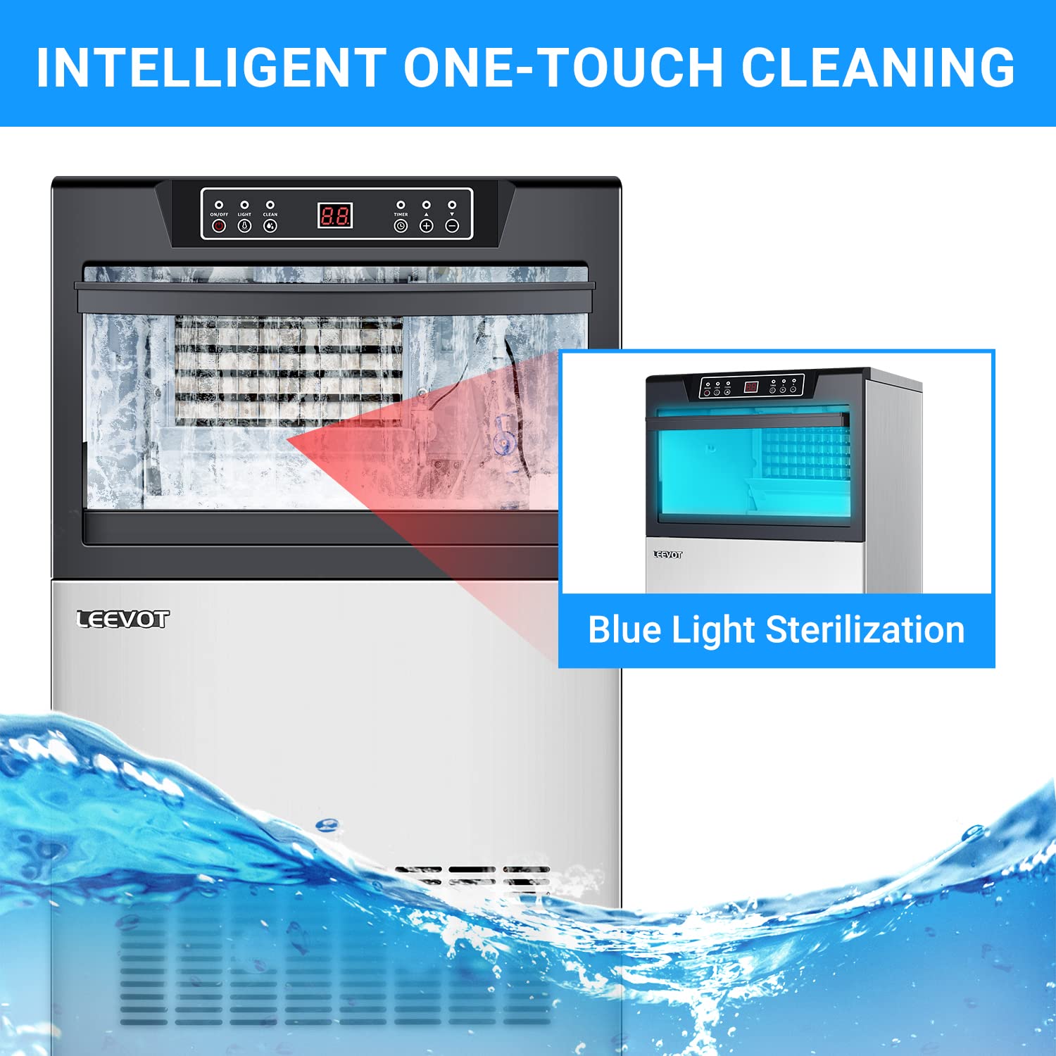 LEEVOT Profi Eiswürfelmaschine - Home Eismaschine 60kg in 24h, 480 Watt, Schaufel, Tube, LED, selbstreinigend, Blue-ray Desinfektion, ST Klimaklasse, Silber