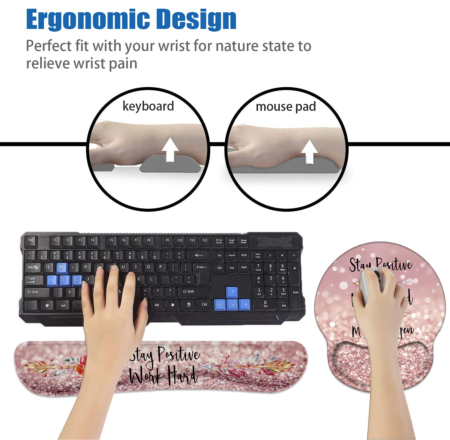 Juego de reposamuñecas para teclado y alfombrilla de mouse con posavasos, cita inspiradora para mantenerse positivo, trabaja duro y haz que suceda, alfombrilla de mouse con base de poliuretano