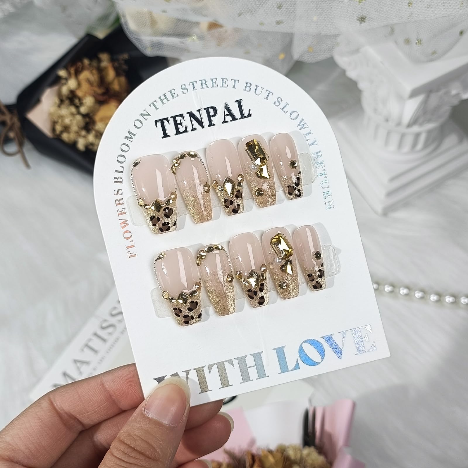 TENPAL Handmade Leopard Cat Eye French Glitter Design Fake Nails,Resuable 10Pcs Press on Nails Medium Kit,Luxury Coffin Shaped Glam Glue on Nails for