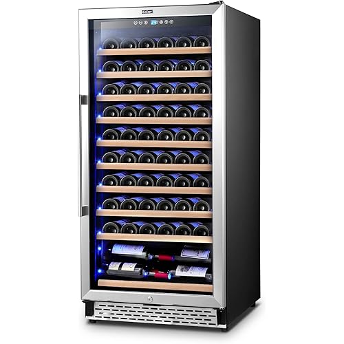 24 inch 110 Bottle Wine Cooler Refrigerators Built-in or Freestanding Under Counter Fridge 24''Double-Layer Tempered Glass Door Lockable Wine Cellars with Professional Compressor Stainless Steel