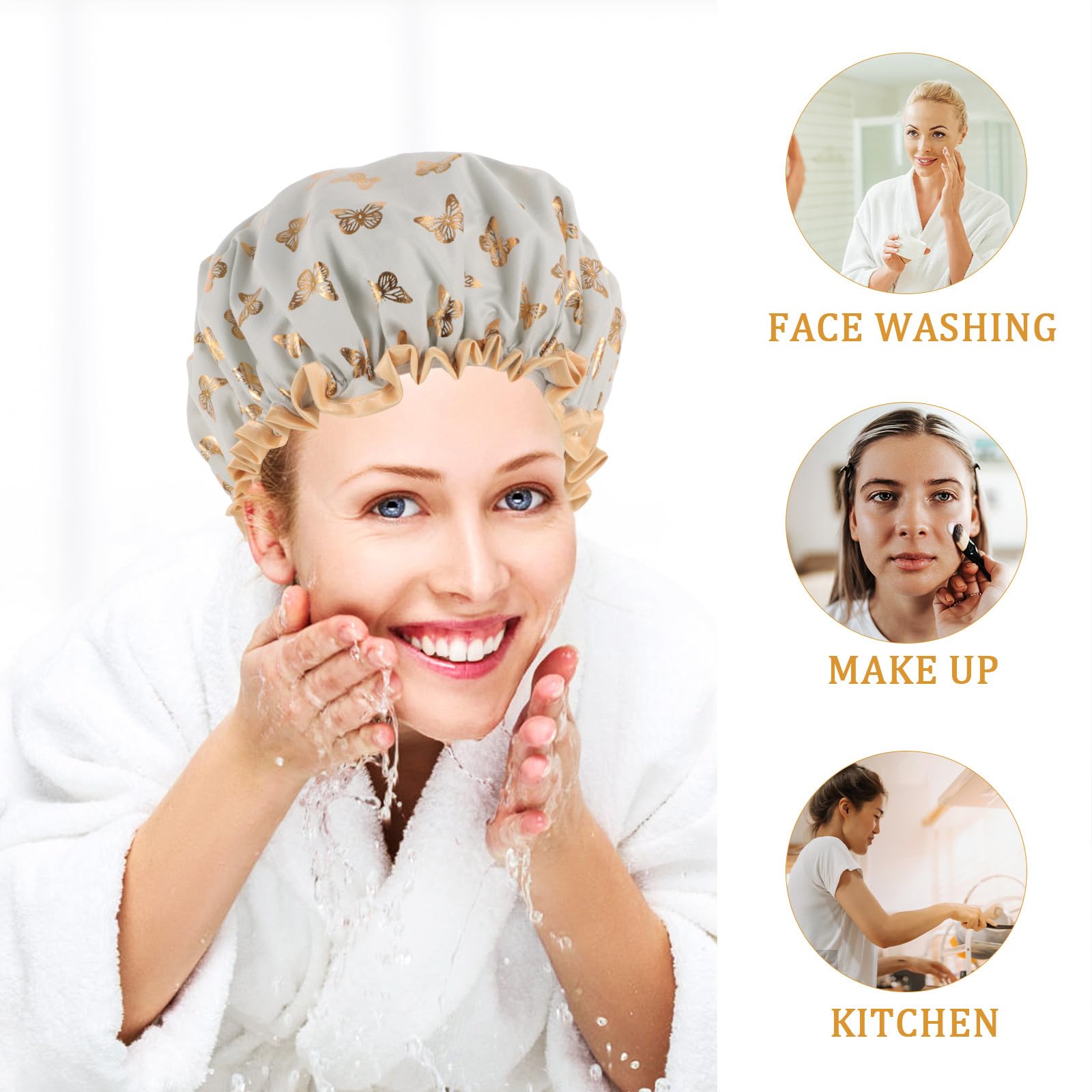 Healvian Double Layer Shower Cap for Women Elastic Stretchy Hair Cap for Bathing Decorative Reusable Shower Hat with Cute Pattern for Long Treatments - Image 3