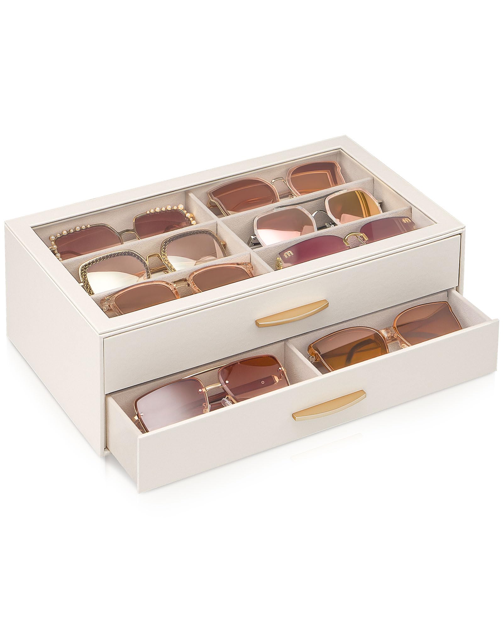 Lolalet 12 Slots Womens Sunglasses Organizer with Enlarged Compartment 2-Layer Eyewear Storage Box with Drawer Glasses Case Display