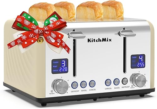 Miniatura 1 de Tostadora de acero inoxidable con temporizador LCD, ranuras extra anchas, pantalla doble, bandeja de extracción de migas (crema)