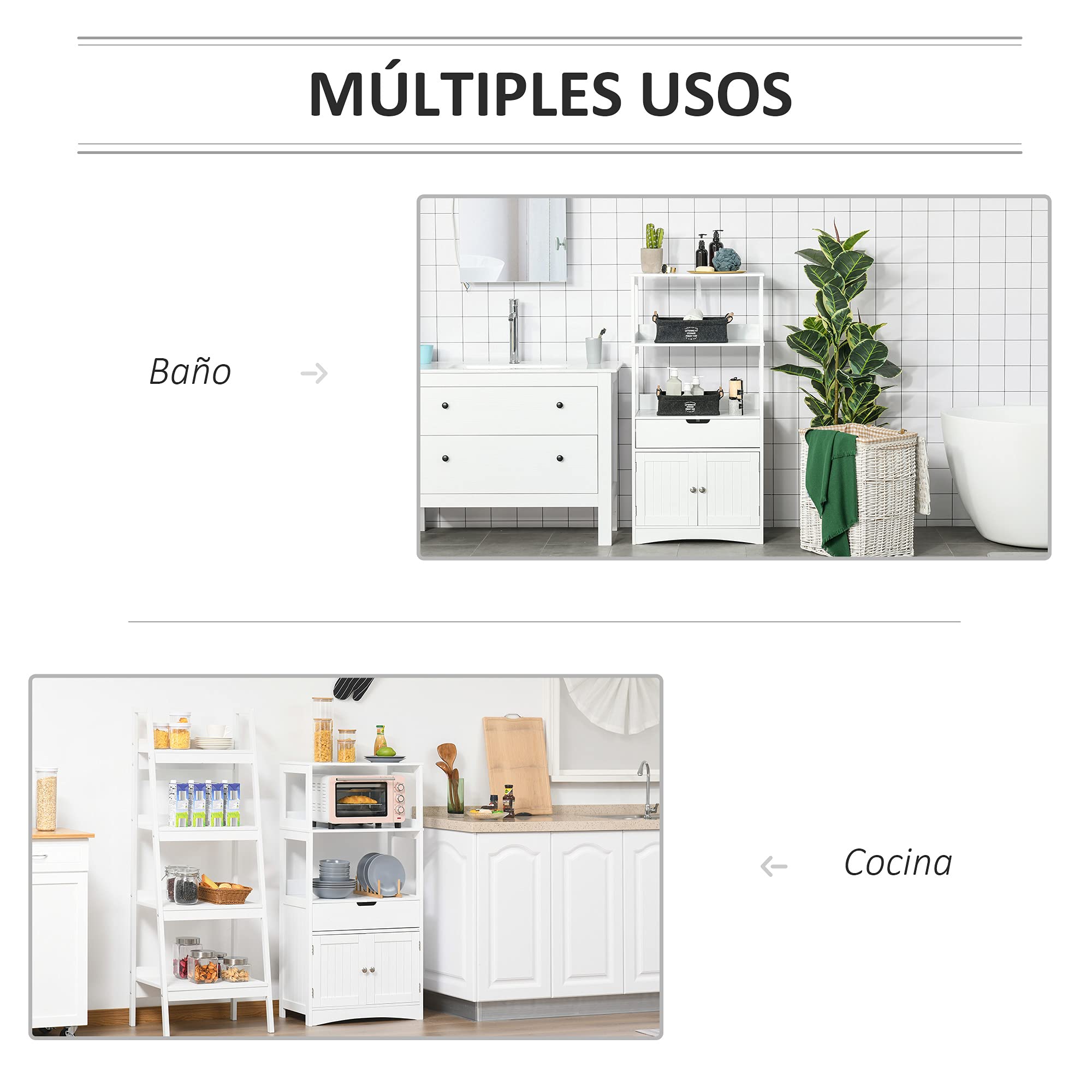 kleankin Armario de Baño con 3 Estantes y Cajón 60x33x122,5 cm Blanco | 2 Puertas, Mueble de Almacenamiento de Suelo, Moderno, para Cocina Dormitorio Salón