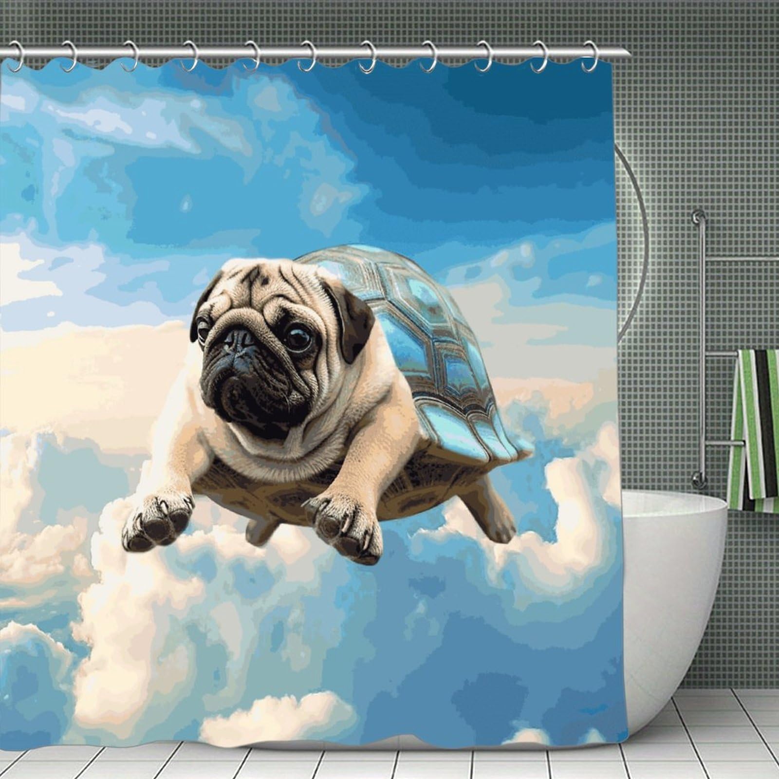 JTREHY Funny Turtle Pug Dog in The Sky Shower Curtain Waterproof Bathroom Shower Curtain Machine Washable Bath Curtains Polyester Cloth Bath Curtains for Bathroom Showers 70.8×70.8Inch