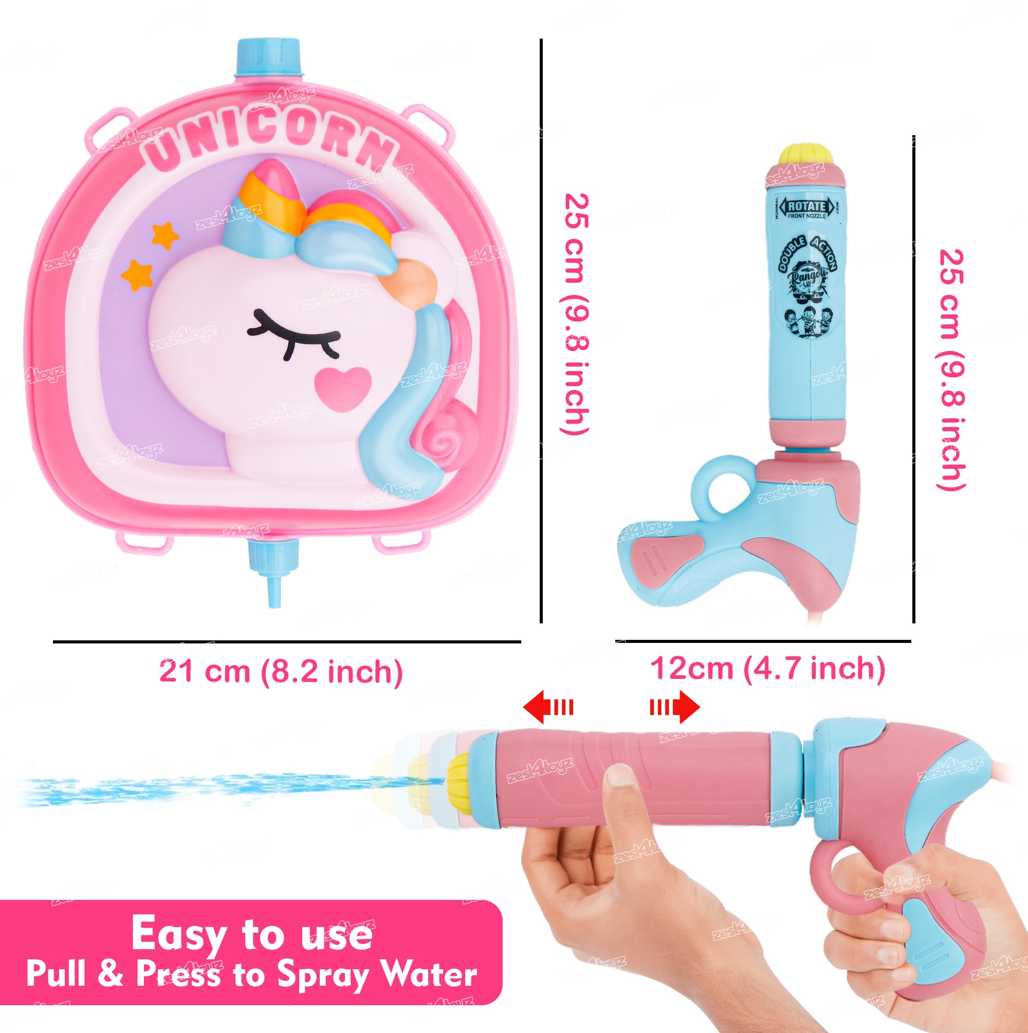 Zest 4 Toyz Holi Pichkari Water Blaster for Kids High Pressure Unicorn Themed Back Holding Water Tank with 1 Pkt Herbal Color & 100 Balloon Holi Combo 1