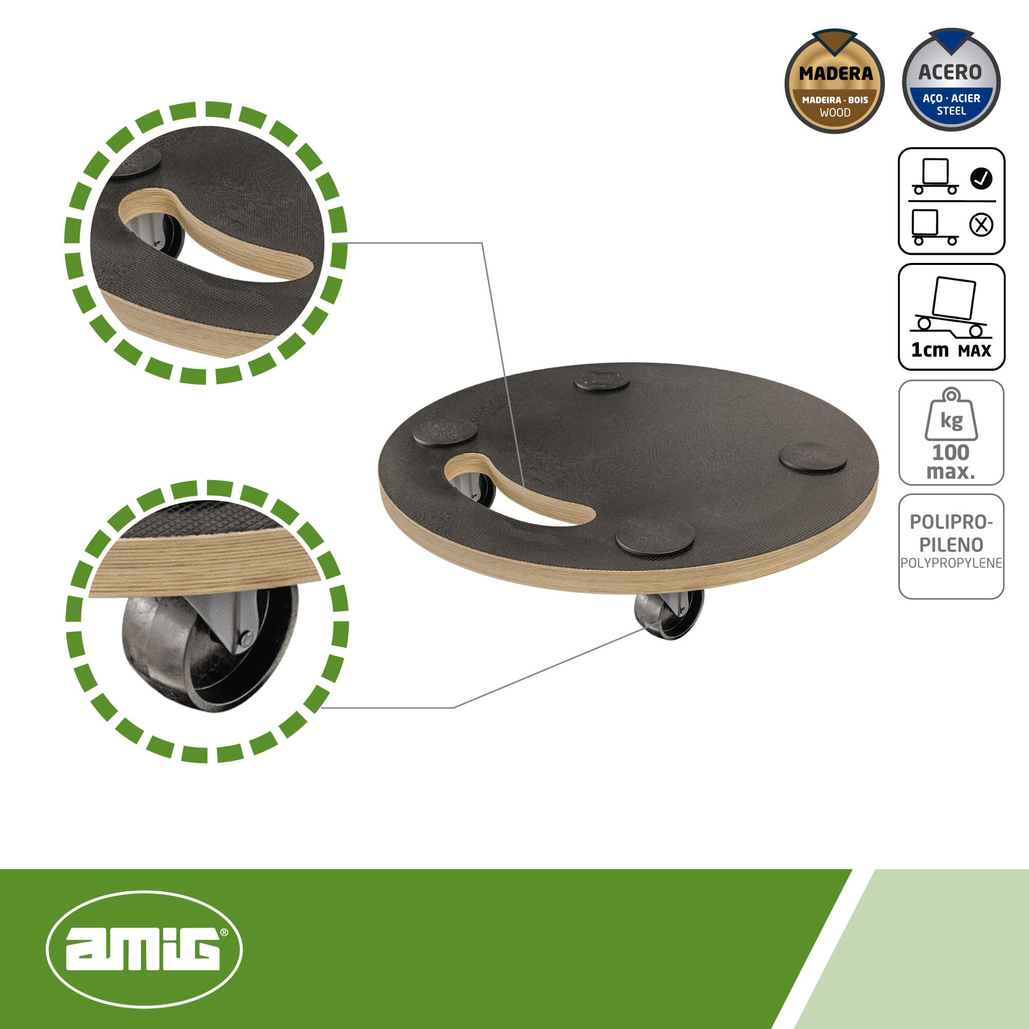 Amig - Plateforme de Charge avec Roues - Support Roulant Rond - 4 Tapis antidérapants - Ø30 cm - Charge Max.: 100 kg - 4 Roues: 2 avec Frein - Contreplaqué - Certifié FSC - Noir