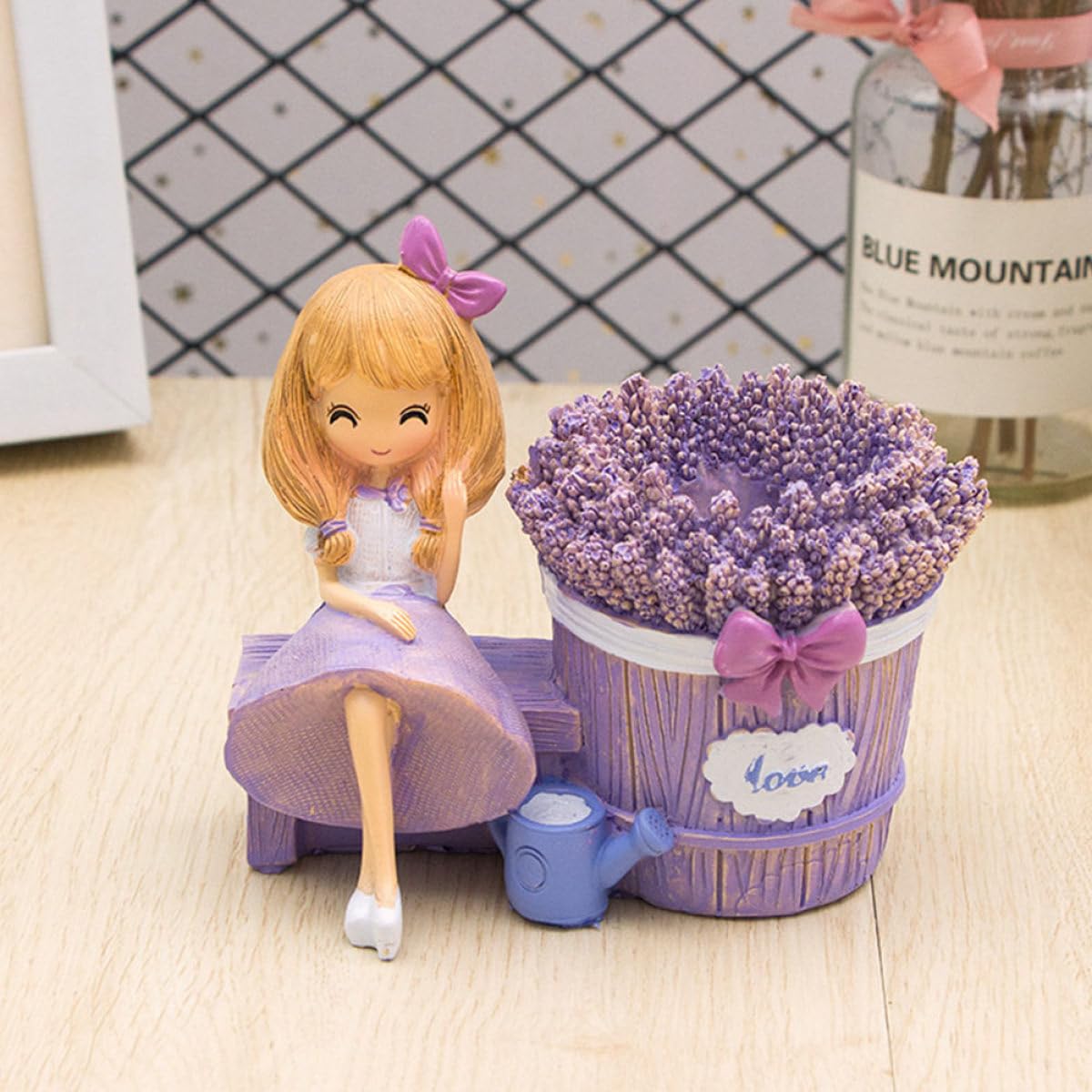 BESTYASH Portalápices de Resina Lavanda para Escritorio, 2 Piezas | Figura Creativa, Estilo Abrazo Flor y Sonrisa Guiñada, Adorno de Mesa, Paquete Doble