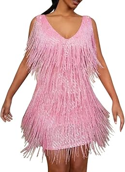 Plus Size 5XL Sexy V-Neck Tassel Mini Dress for Women Elegant Sleeveless Evening Party Bodycon Dresses Summer Night Club Dress-Pink,XXL