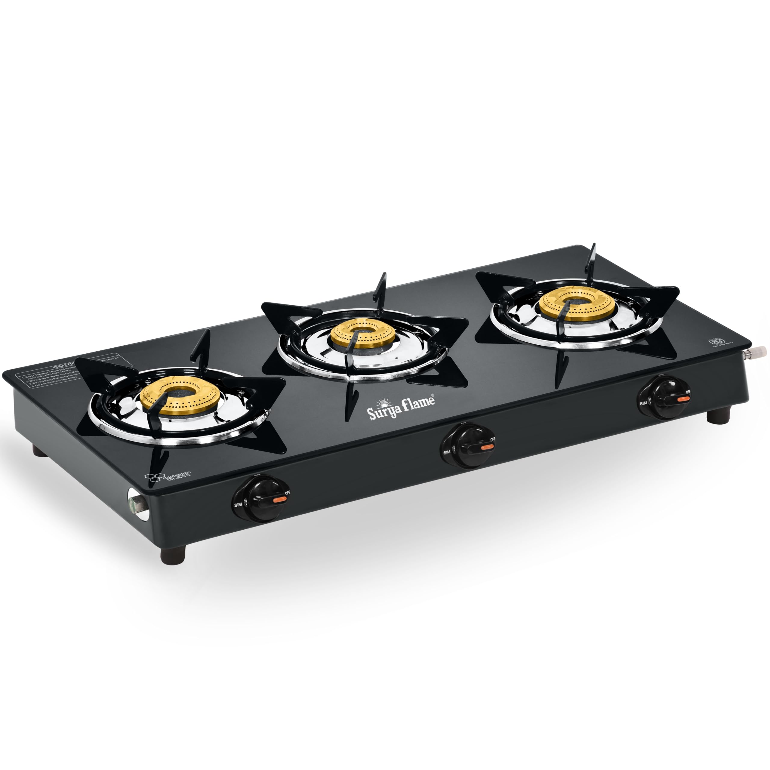 Surya Flame 3 Burner Glass Top Gas Stove | ISI Certified | Manual Ignition | Scratch Resistant Toughened Glass | Tri-pin Brass Burners | Ergonomic Knobs | Skid-proof Legs | 2 Year Warranty | Black