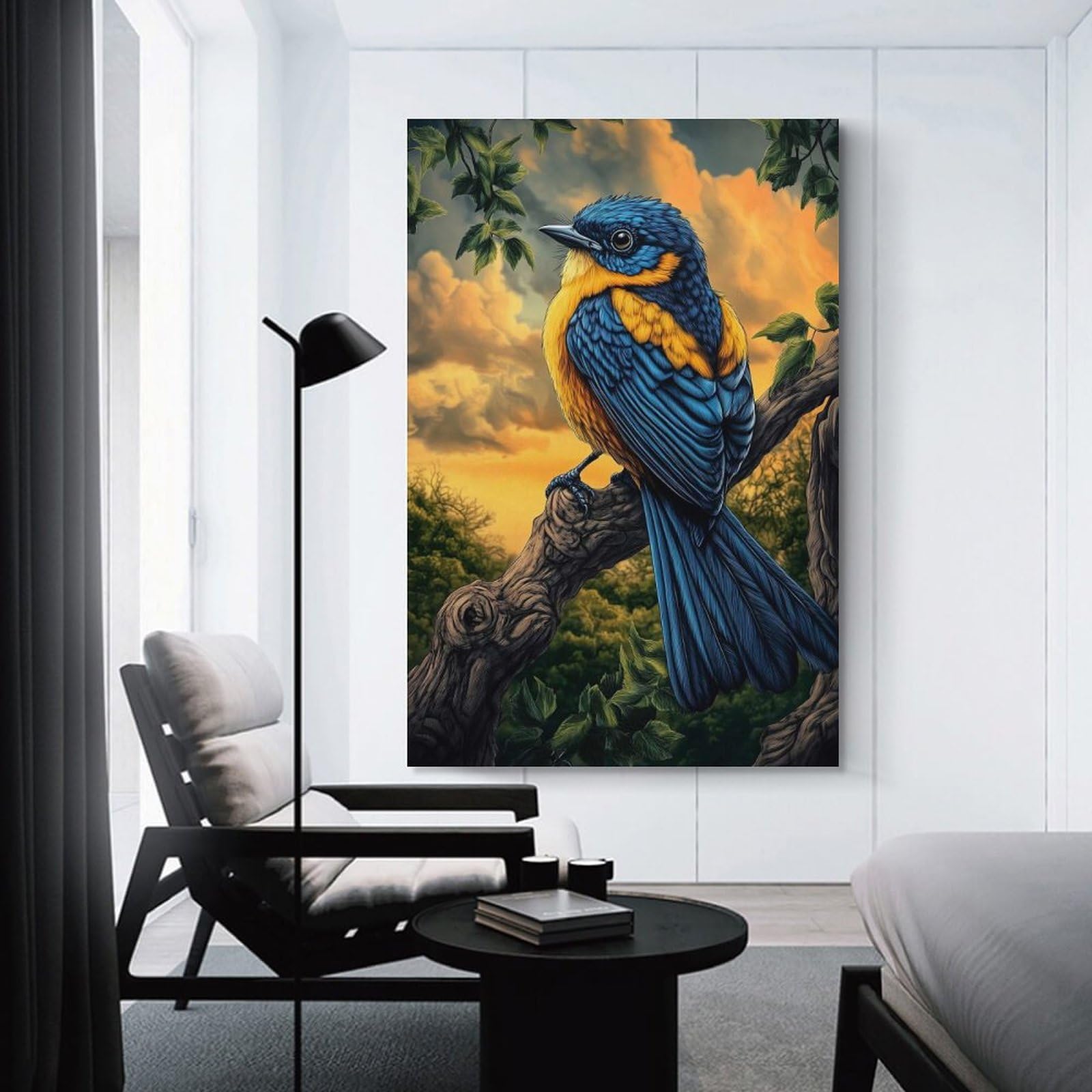 Junmoney Unframe-Style-14 Blue And Yellow Bird On Branch Canvas Wall Picture, 20X30inch(50X75cm), For Front Hall, Corridor Or Welcome Spaces, Wall Decor To Refresh Empty Corners