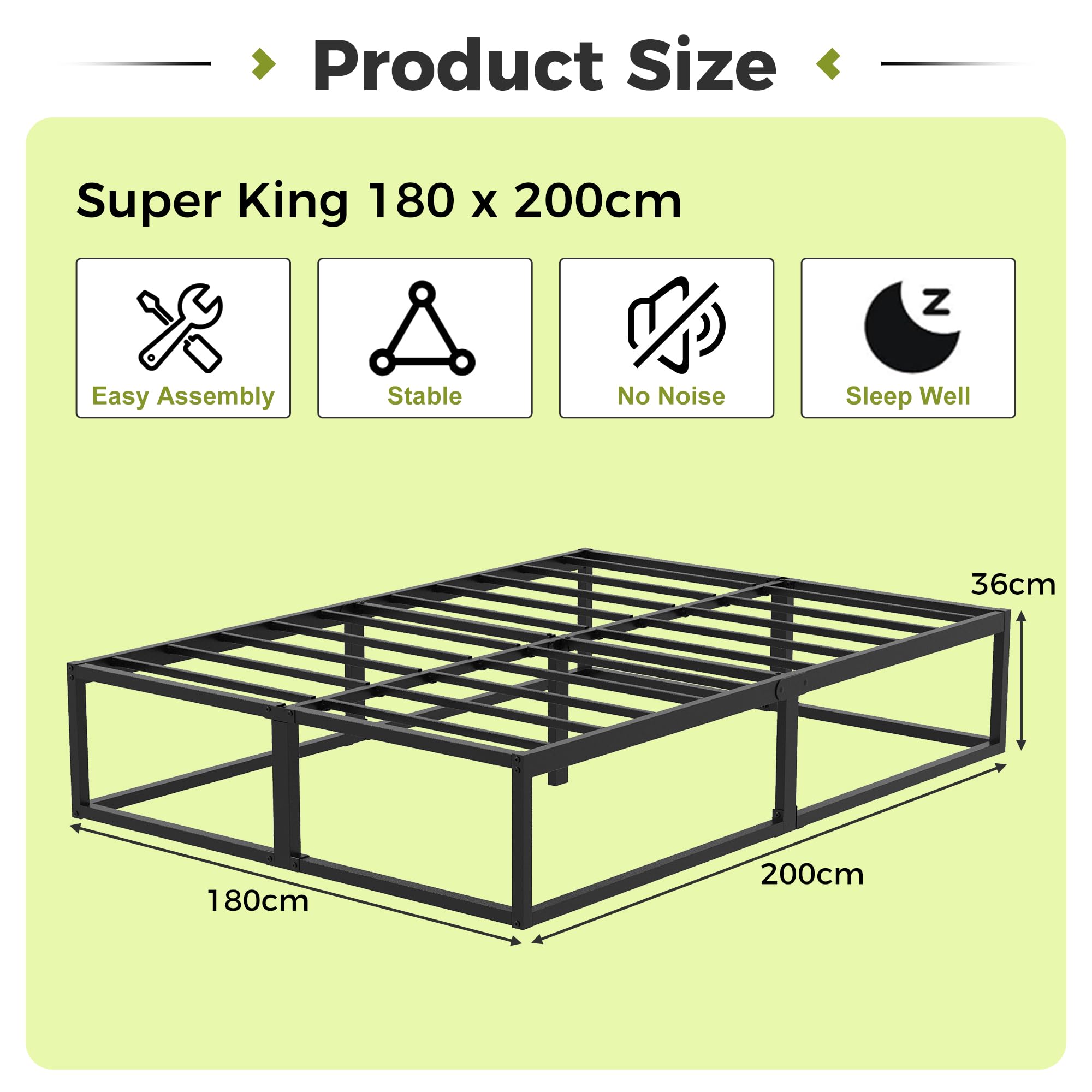 EMODA Bettgestell 180 x 200 cm mit lattenroste, 36cm hoch viel Stauraum, | Doppelbett viel Stauraum, Stabiles Metallbett, Einfache Montage, Geräuschlos, Schwarz