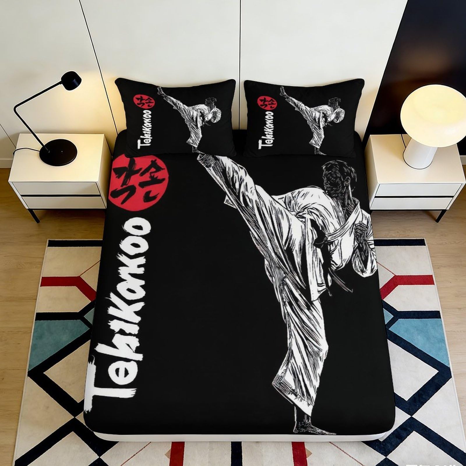 3D Printed Karate Martial Arts Fitted Sheet Microfiber Black White Kick Bed Cover for Bedroom Dorm Mattress Protection Decor 90x200x25cm