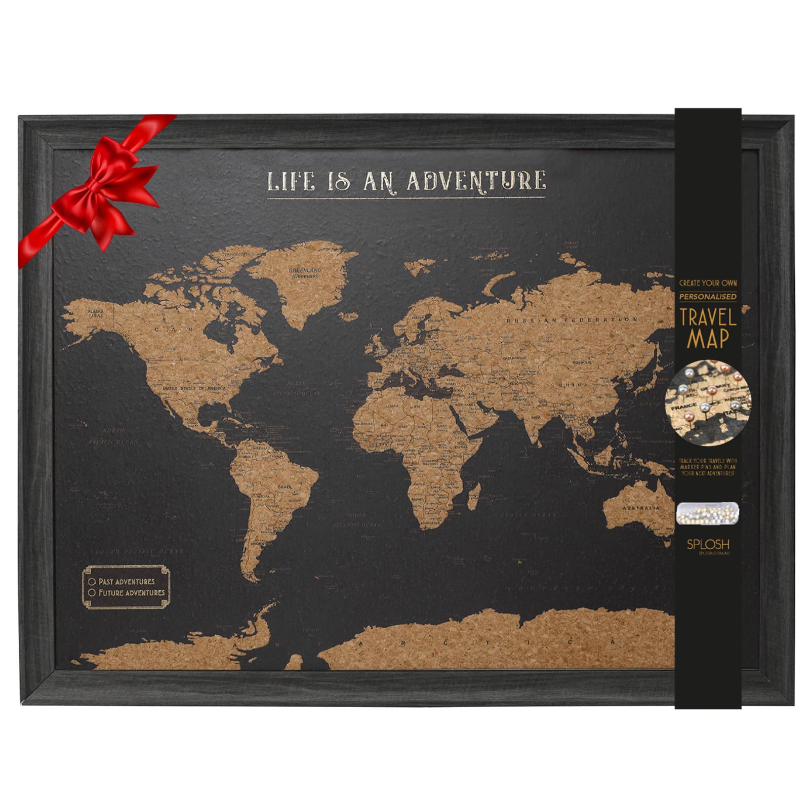 Splosh Framed Travel Map - Black Small Wooden Pin Board with 100 Pins. Travel Map Cork Board. Wooden World Map, Corkboard Map Travel Gift. Mark your fast & future adventures!