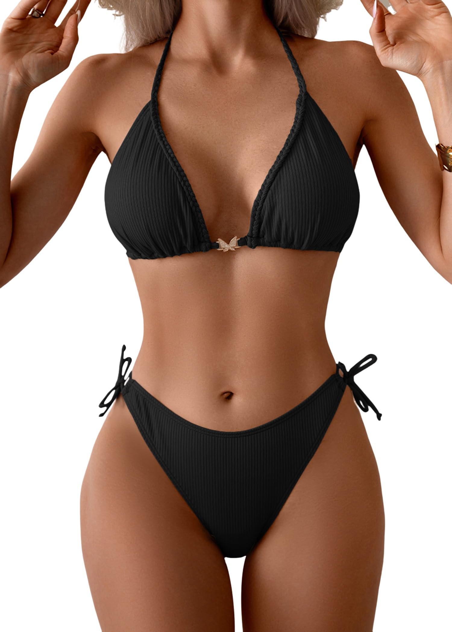 Eomenie Womens Ribbed Bikini Set Sexy Halter Triangle Top Swimsuit Tie Side Two Piece Bathing Suit