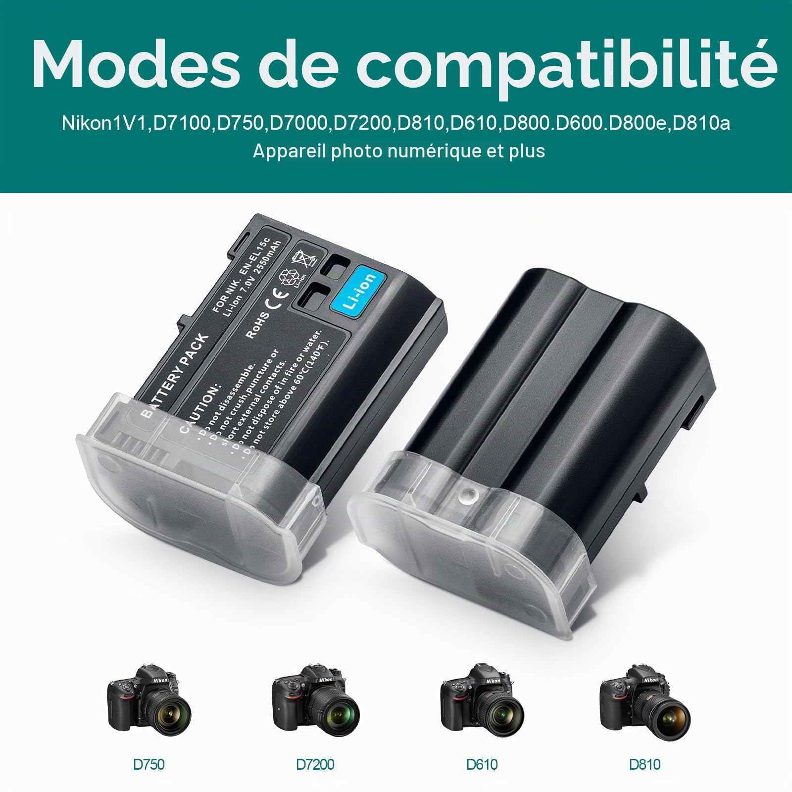 EN-EL15/EL15a/15b/15c Lot de 2 batteries 2550 mAh compatibles avec Nikon D7000, D7100, D7200, D7500, D500, D600, D600E, D610, D750, D780, D800, D800E ,D810 D810E, D850, V1, Z5, Z6, Z7, Z62, Z72