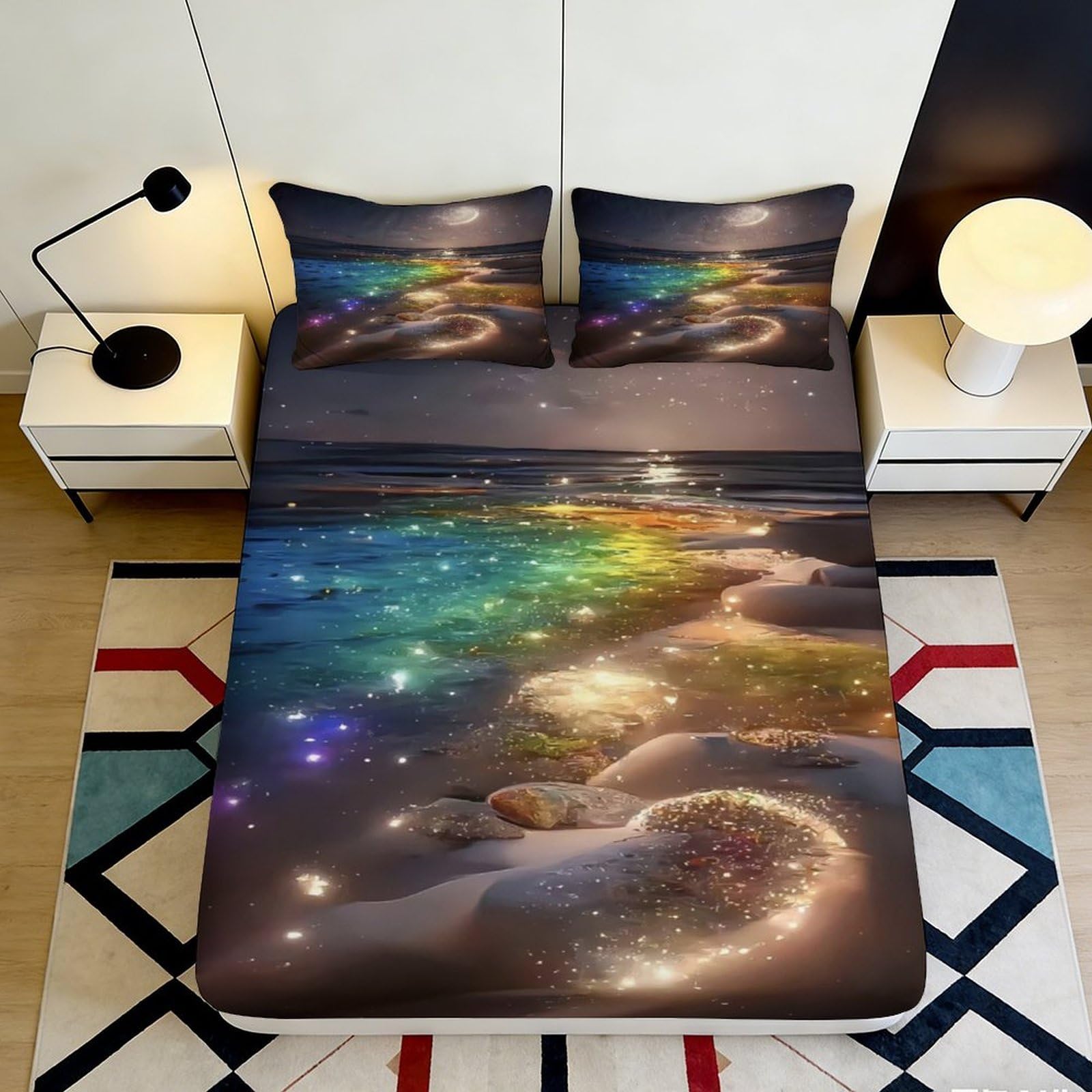 3D Printed Rainbow Beach Fitted Sheet Microfiber Soft Breathable Starry Night Bed Cover for Bedroom Dormitory Guest Room Mattress Protection Decor 160x200x25cm