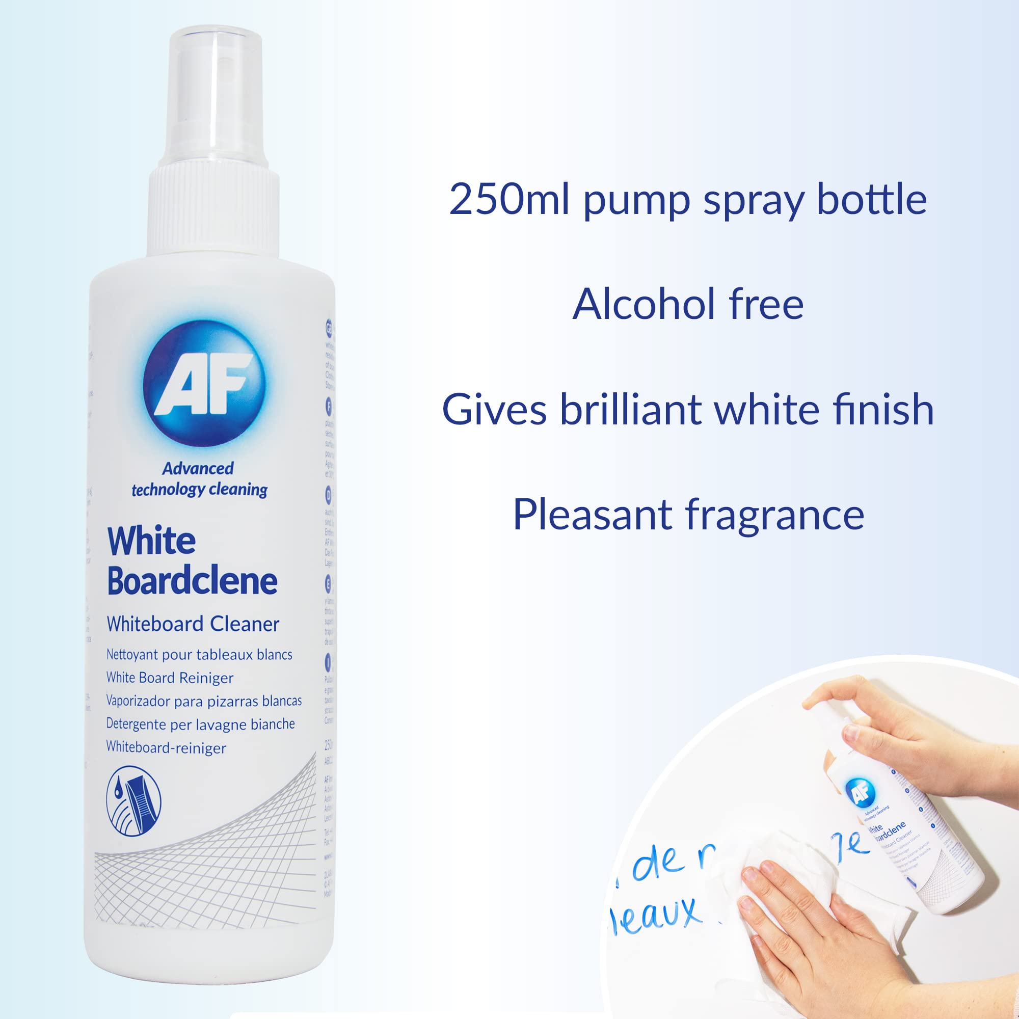 AF Solución en aerosol limpiador de pizarra blanca | Líquido para limpieza de superficies de pizarra blanca | Ideal para escuelas, oficinas, aulas + laboratorios - Botella de 12 x 250 ml