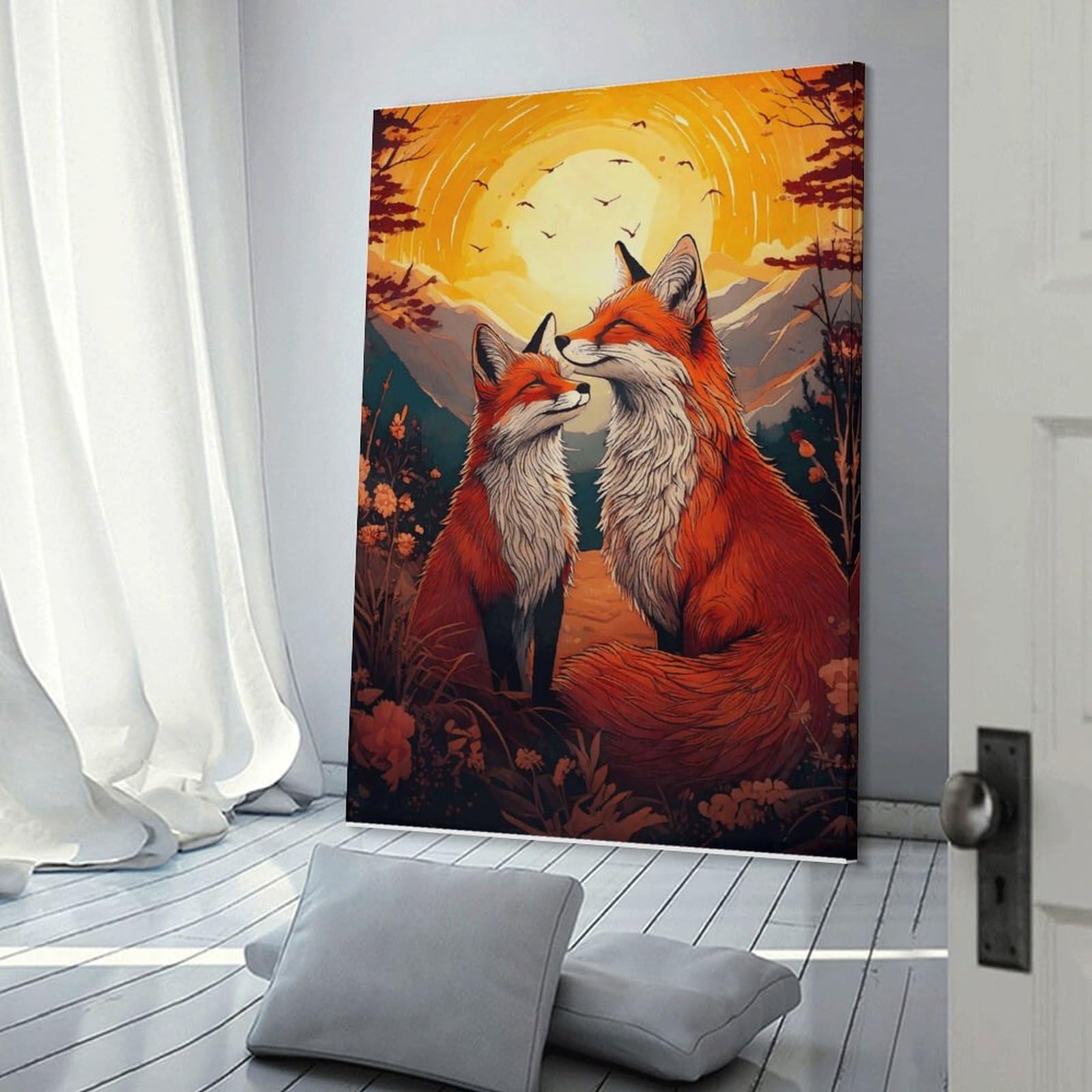 Junmoney Frame-Style-19 Foxes In Sunset Romance Home Decor Wall Art 12X18inch(30X45cm), For Bedroom, Guest Room Or Reading Nook, Decorative Wall Art For Cosy Rooms