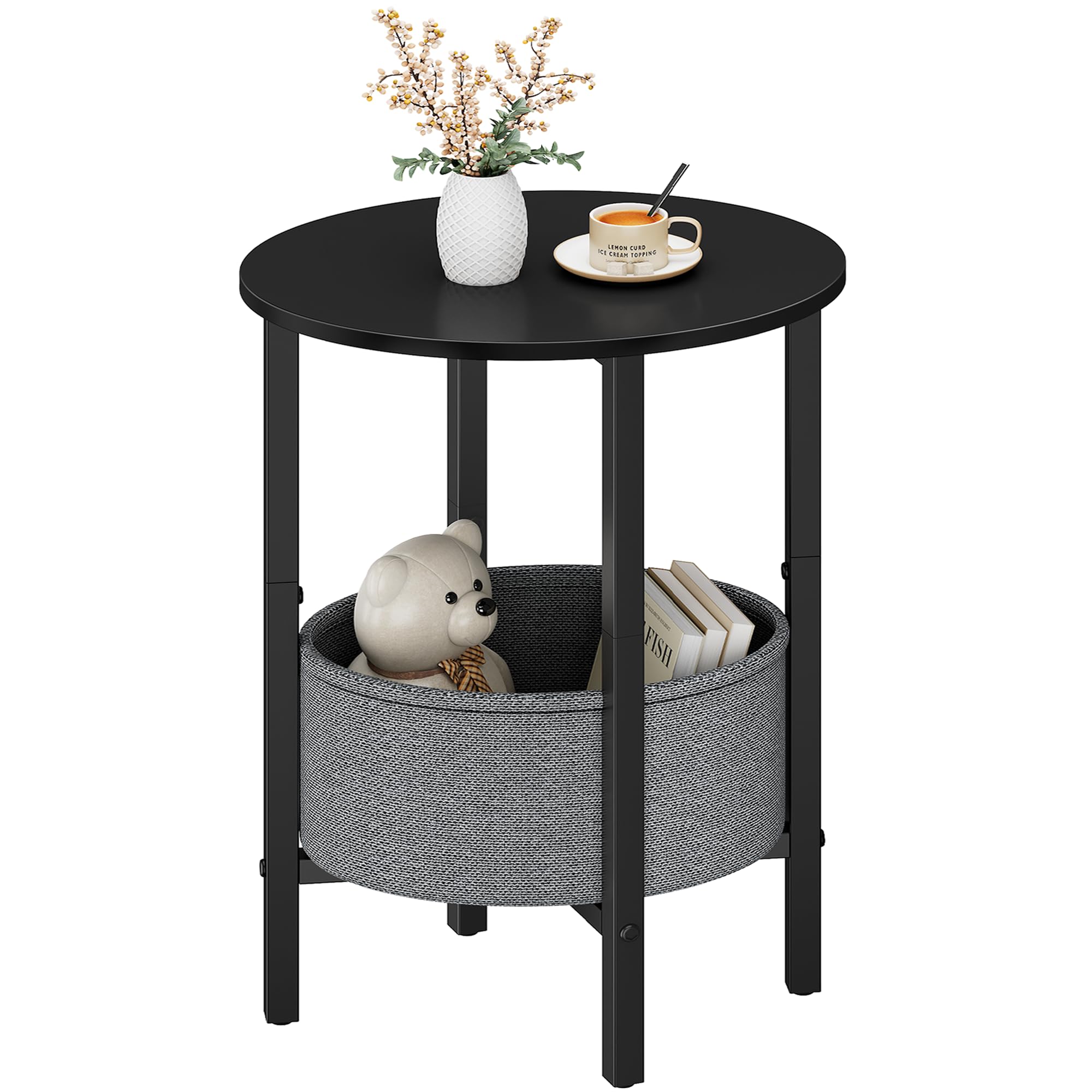 Vagusicc Round Side Table, Round Coffee Table with Fabric Basket, Side Tables Living Room, Decorative Small End Tables for Smal Space, Small Round Side Table Bedside Table for Bedroom, (Black)