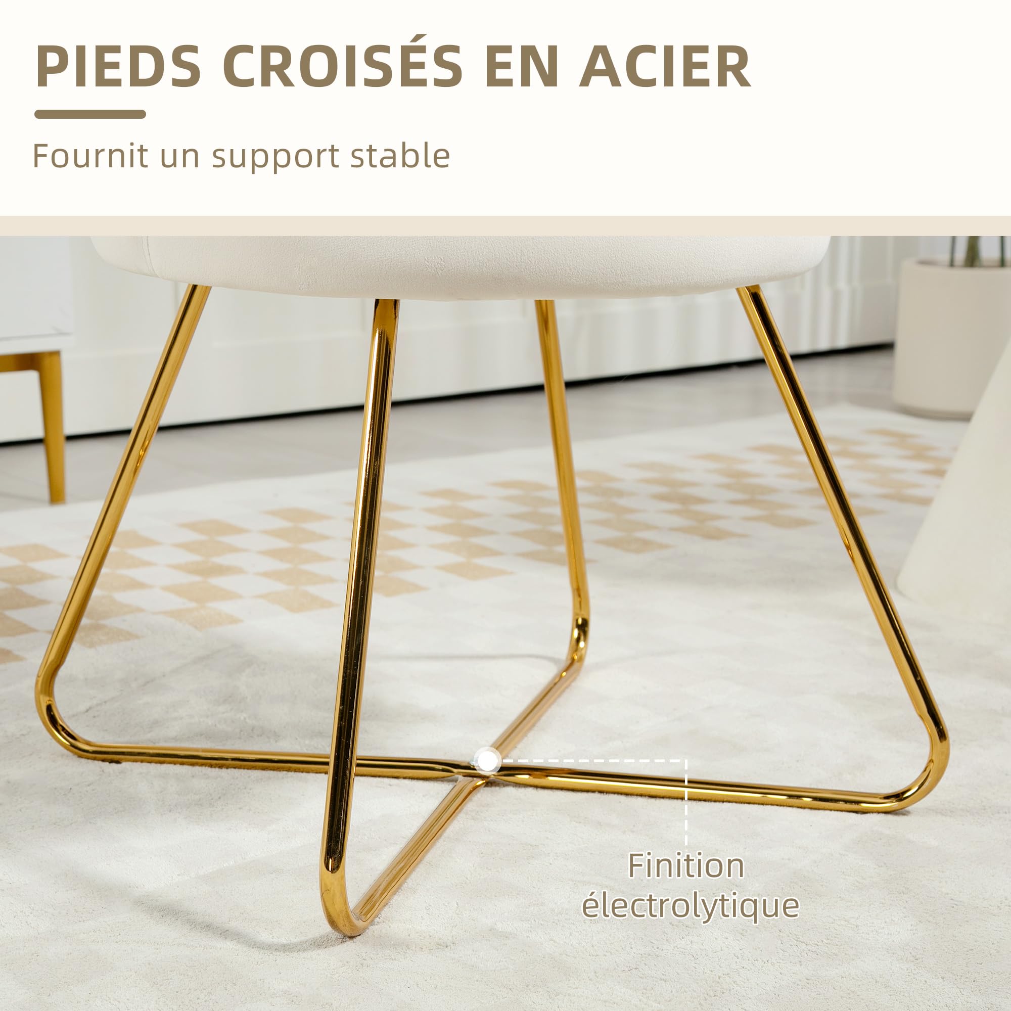 HOMCOM Chaise de Coquillage, Coiffeuse, Chaise en Velours, Chaise de Salon avec Pieds en Acier, pour Salon, Chambre à Coucher, 69 x 64 x 80 cm, crème