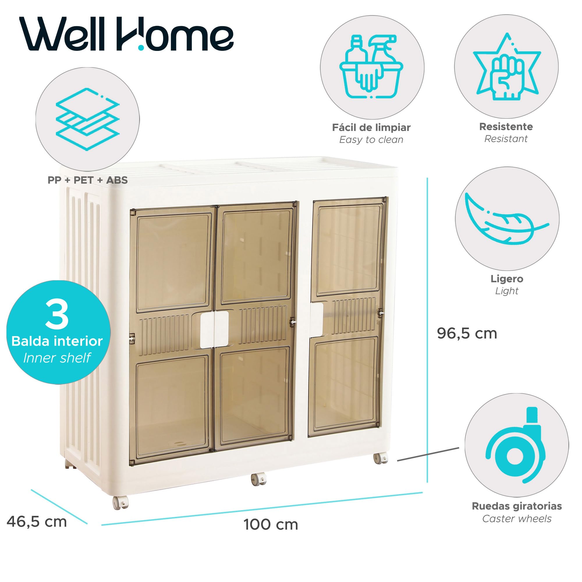 Well Home Cajas de almacenaje apilables con puerta frontal, Organizador modular plegable con ruedas, Modularidad, Multiespacios, Armario plegable con 2 Compartimentos, + 3 Baldas/estantes interiores