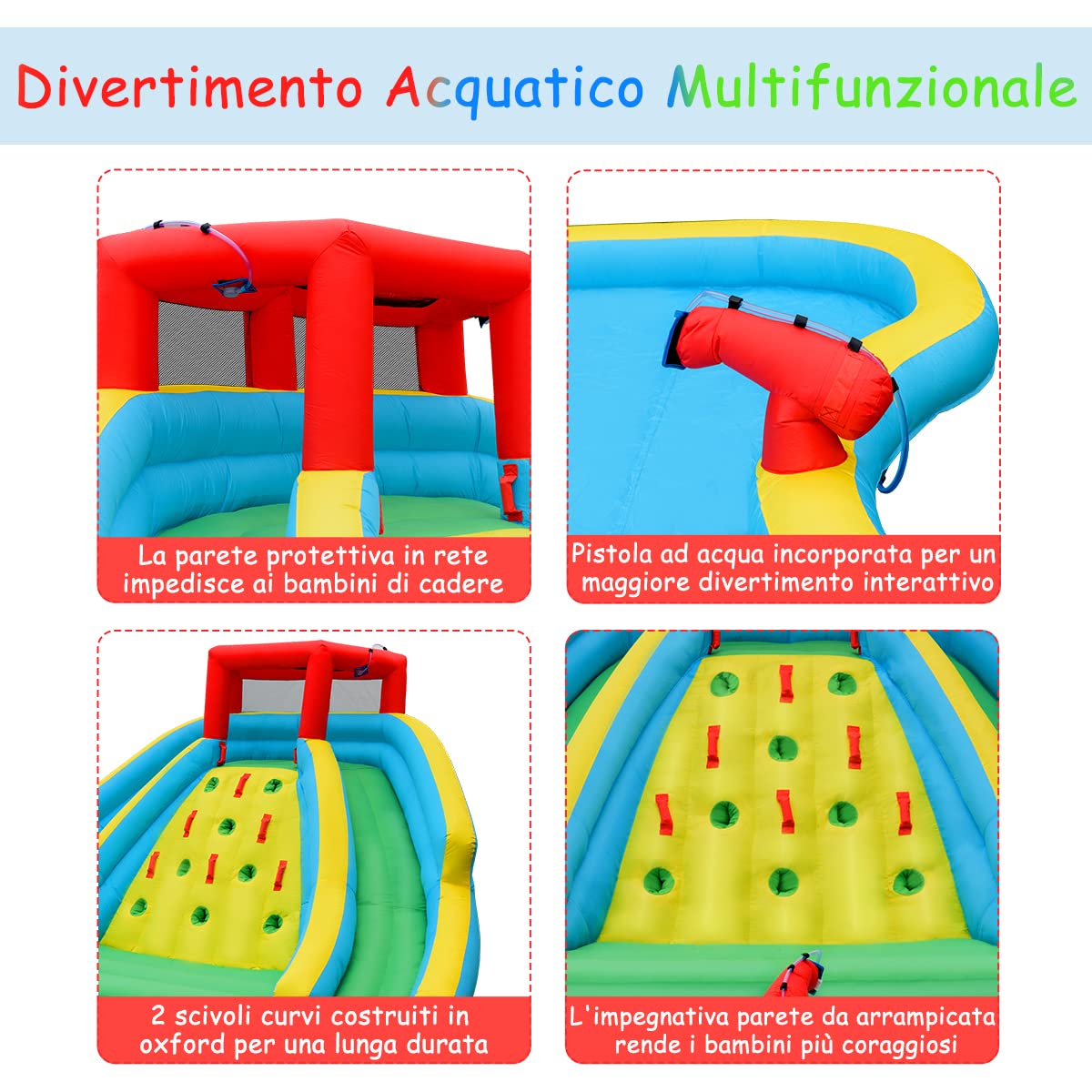 COSTWAY Castello Gonfiabile per Bambini, Parco Acquatico Gonfiabile con 2 Scivoli, Piscina, Parete di Arrampicata, Cannone, Borsa di Trasporto e Kit di Riparazione, 452x365x233 cm (Con Soffiatore)