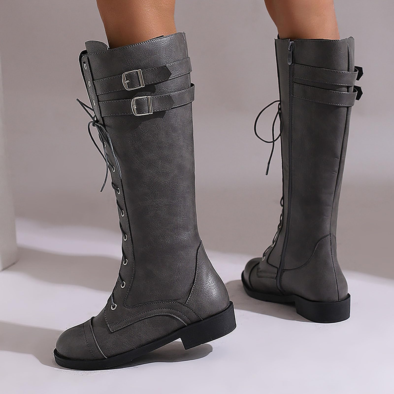 Botas de mujer con cordones en la parte delantera, tacón bajo, cremallera lateral y cinturón, hasta la pantorrilla, botas occidentales para mujer