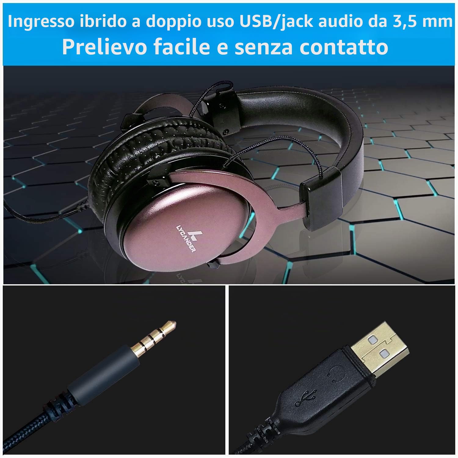 LYCANDER Cuffie USB con microfono staccabile, jack audio ibrido da 3.5 mm e ingresso USB, struttura in metallo robusto, ampia compatibilità, adatto per chiamate in conferenza, musica, film e giochi
