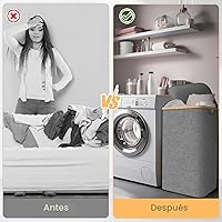 Vista 7 de BALEINE Cesta de lavandería con tapa, cestas altas para la ropa sucia con asas de bambú, contenedor grande para la ropa sucia con soporte interno